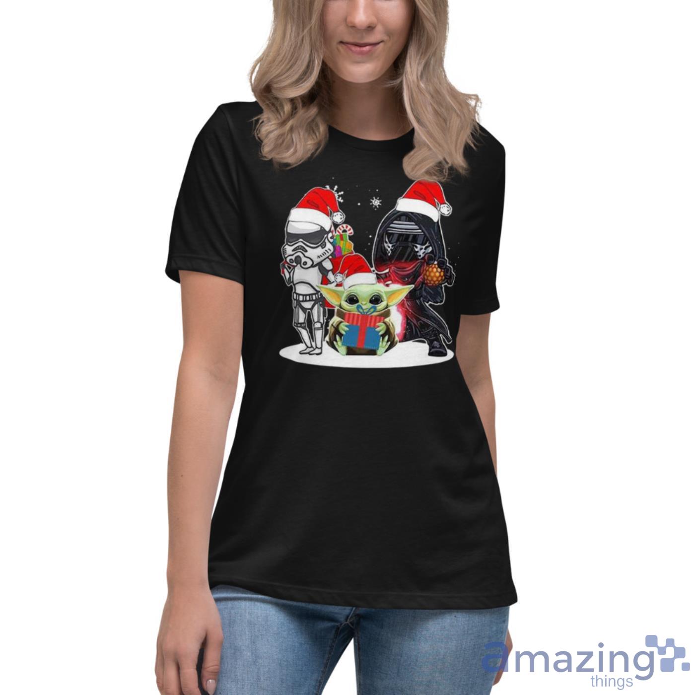 Baby Yoda And Darth Vader Stormtrooper Merry Christmas Shirt image Baby Yoda And Darth Vader Stormtrooper Merry Christmas Shirt - Womens Relaxed Short Sleeve Jersey Tee