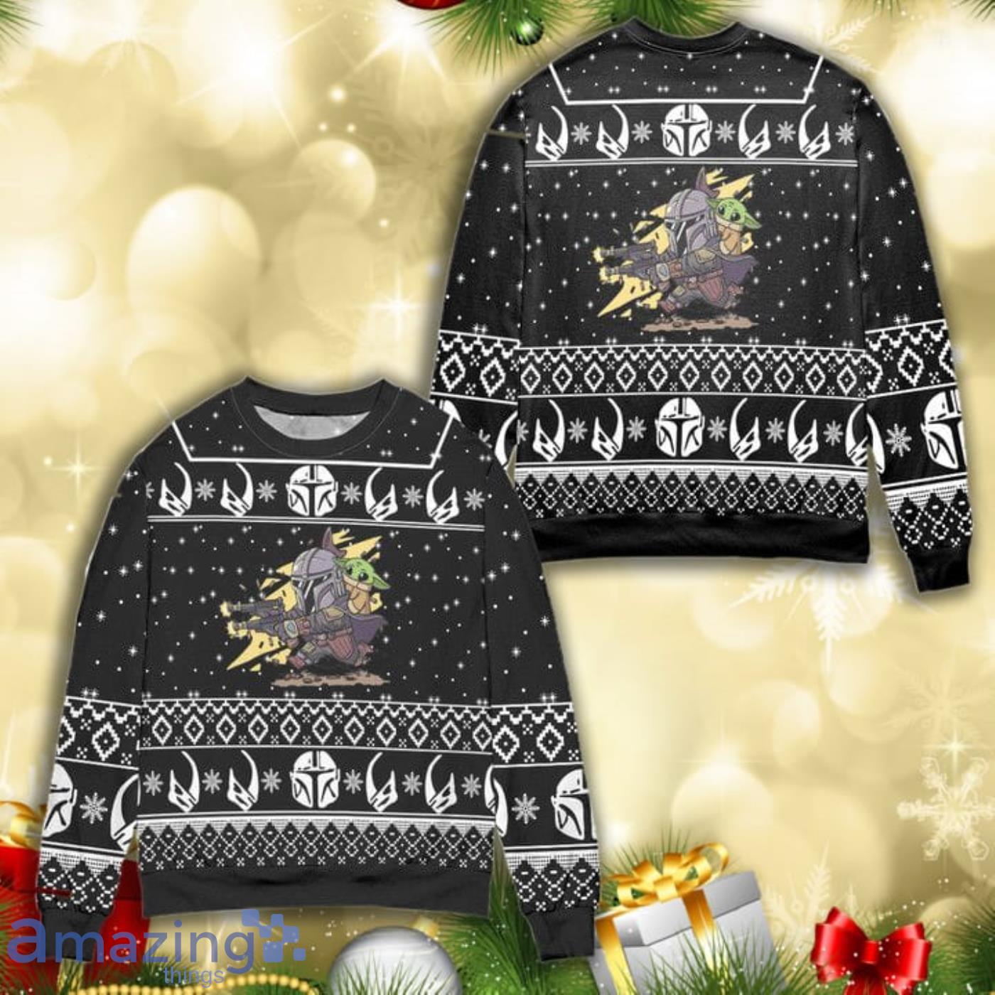 Baby Yoda Boba Fett Fire A Gun Star Wars All Over Print 3D Ugly Christmas Sweater Product Photo 1