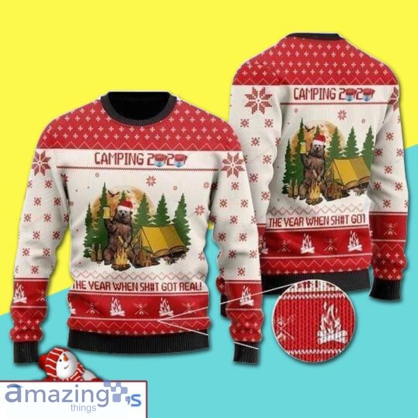 Bear Drinking Beer And Caping 2020 The Year When Sh Got Real All Over Print Ugly Christmas Sweater Product Photo 1