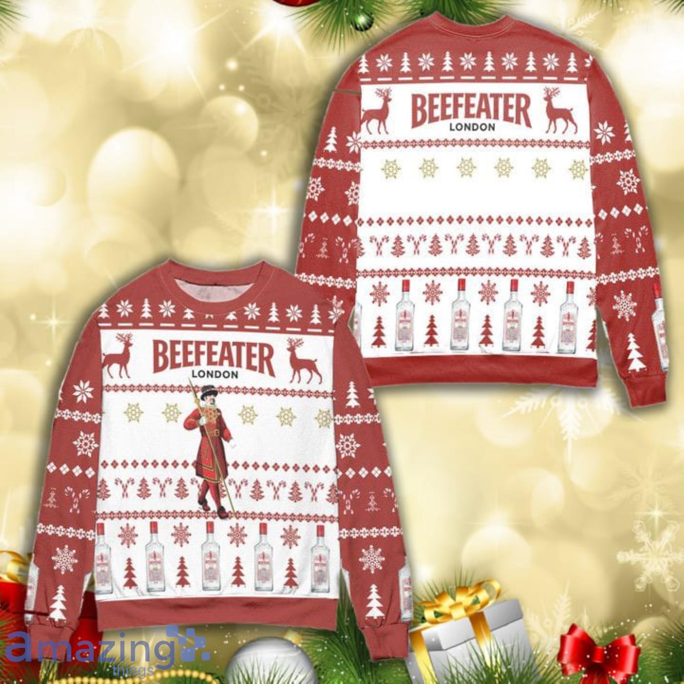 Beefeater London Dry Gin Reindeer Snowflake Pattern All Over Print 3D Ugly Christmas Sweater Product Photo 1