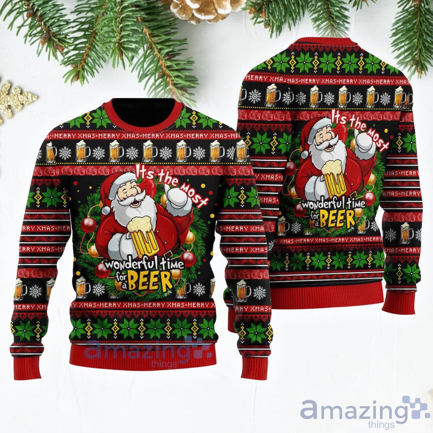 Beer Patern It's The Most Wonderful Time For A Beer Funny Santa Ugly Christmas Sweater Product Photo 1