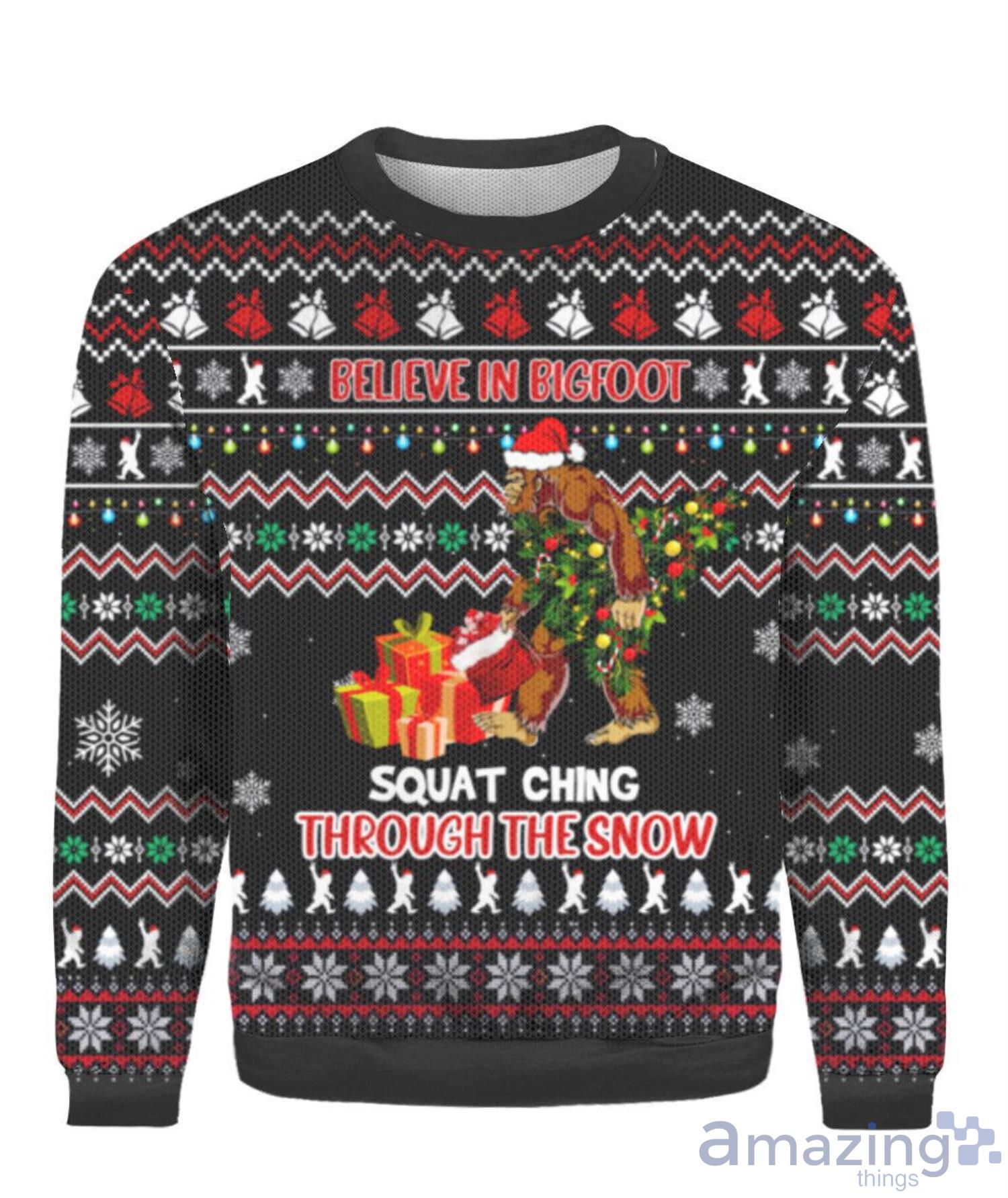 Believe In Bigfoot Squat Christmas Gift Ugly Christmas Sweater Product Photo 1