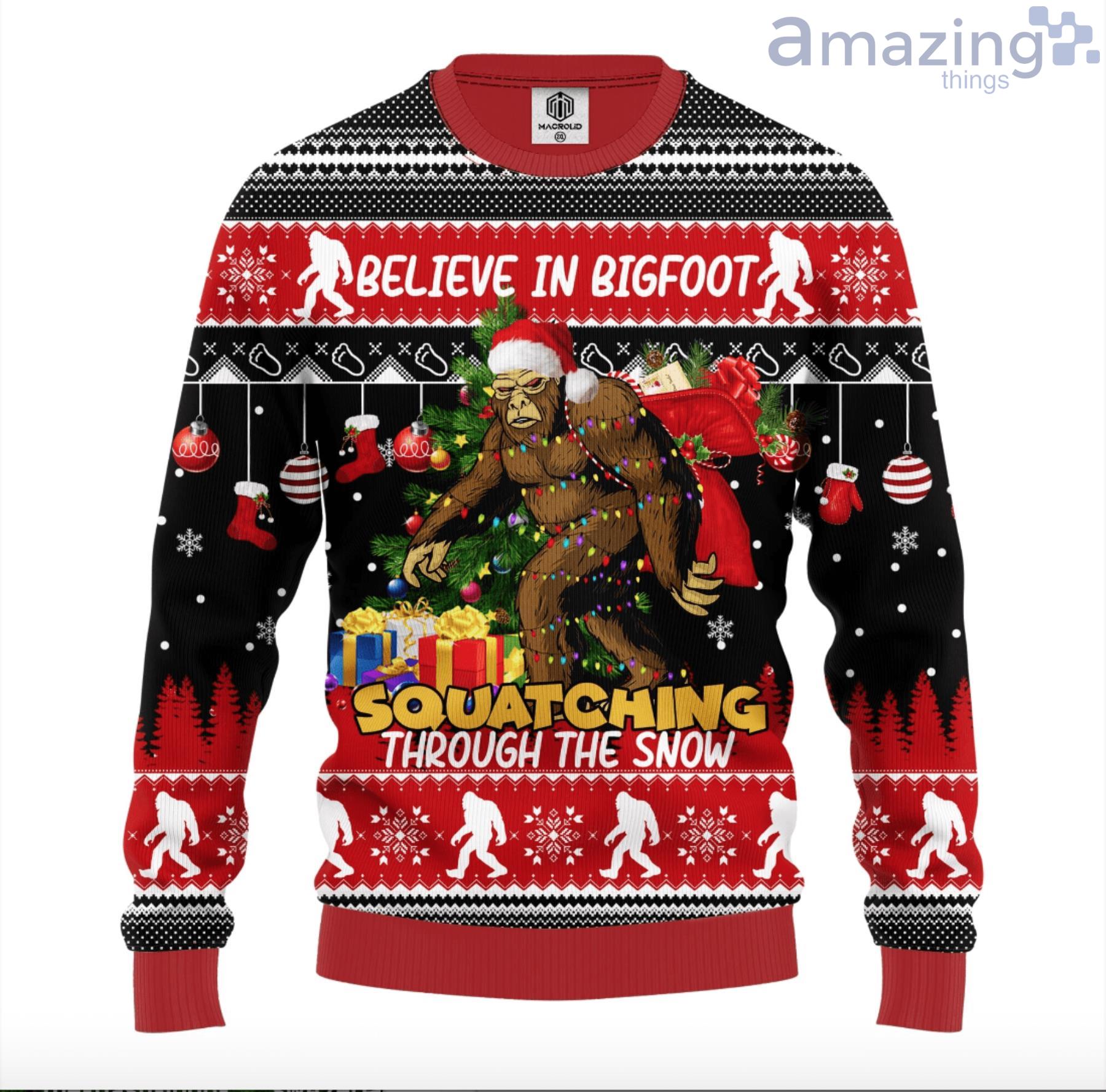 Bigfoot Belive In Bigfoot Squatching Through The Snow Ugly Christmas Sweater Product Photo 1