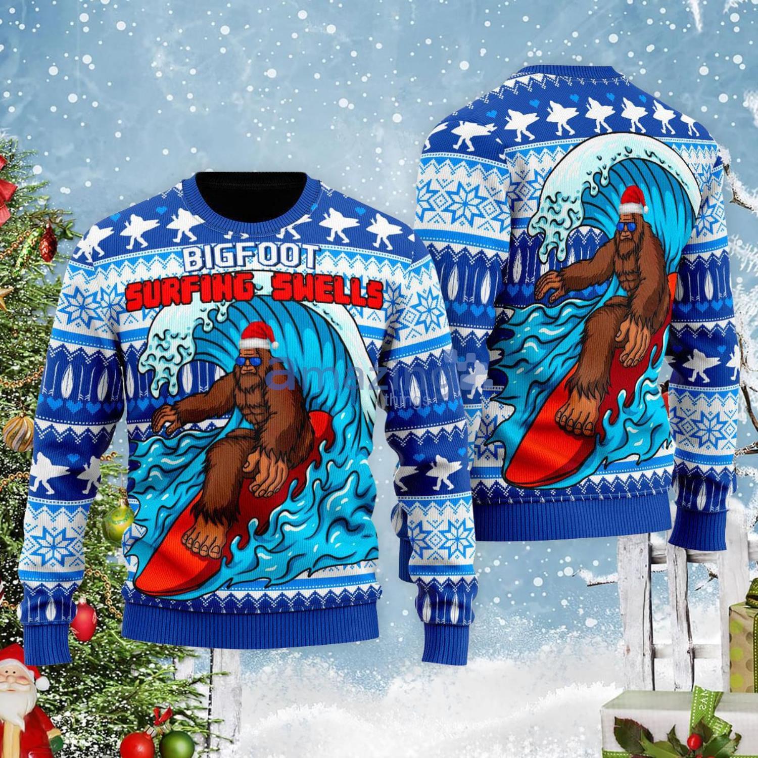 Bigfoot Surfing Swells Christmas Gift Ugly Christmas Sweater Product Photo 1