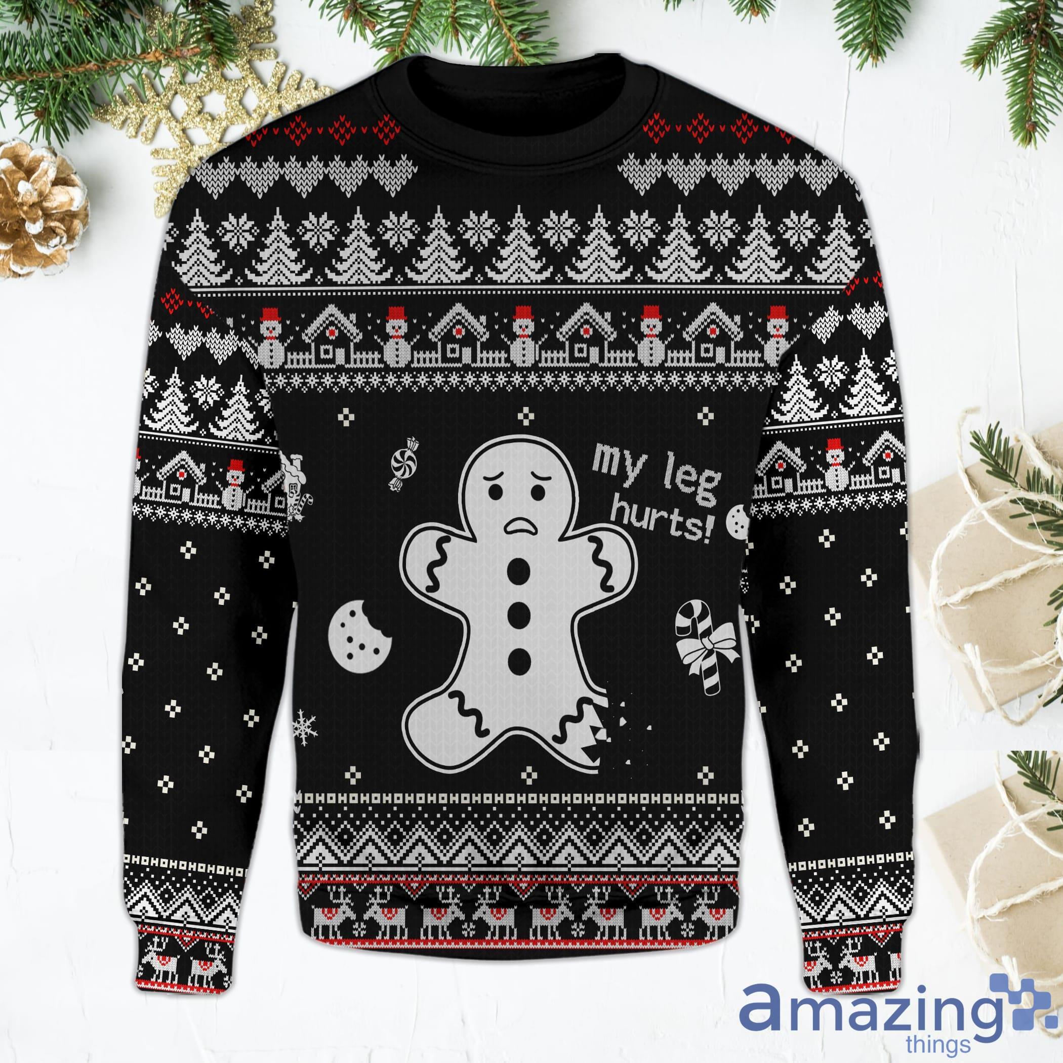 Birthday Gingerbread My Leg Hurt Christmas Pattern Ugly Christmas Sweater Product Photo 1