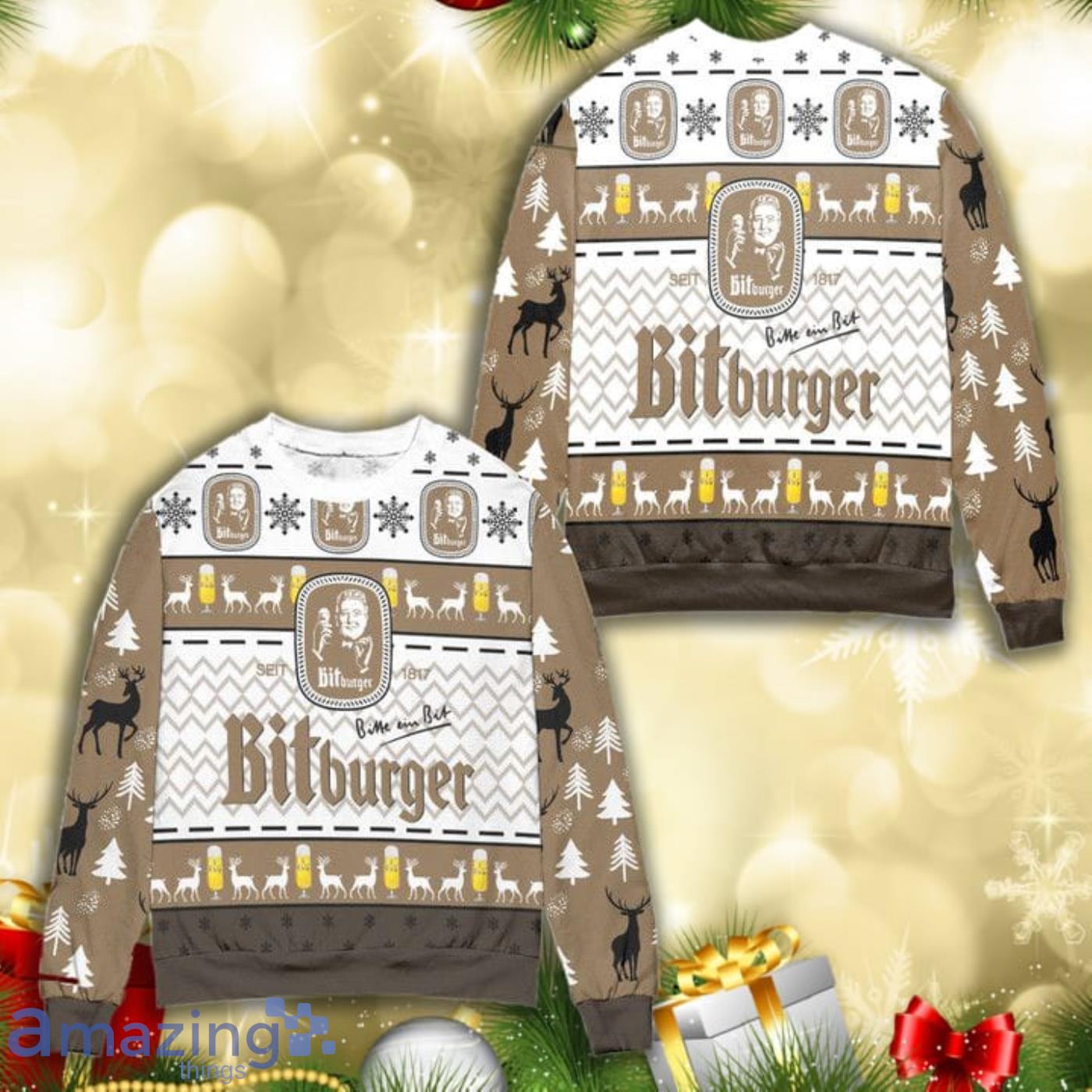 Bitburger Beer Logo Reindeer Pattern All Over Print 3D Ugly Christmas Sweater Product Photo 1