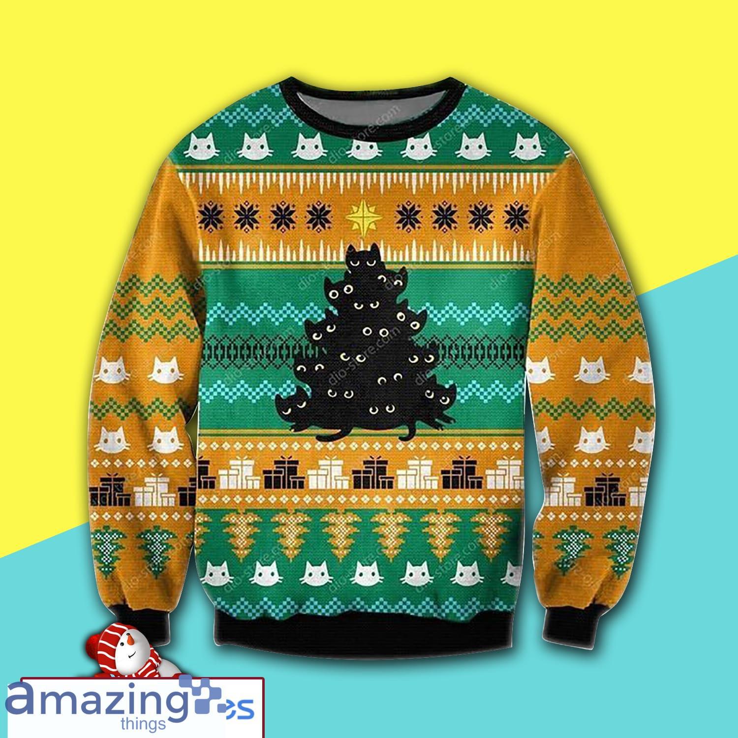 Black Cat Tree Christmas Merry Christmas All Over Print Ugly Sweater Product Photo 1 Black Cat Tree Christmas Merry Christmas All Over Print Ugly Sweater Product Photo 1
