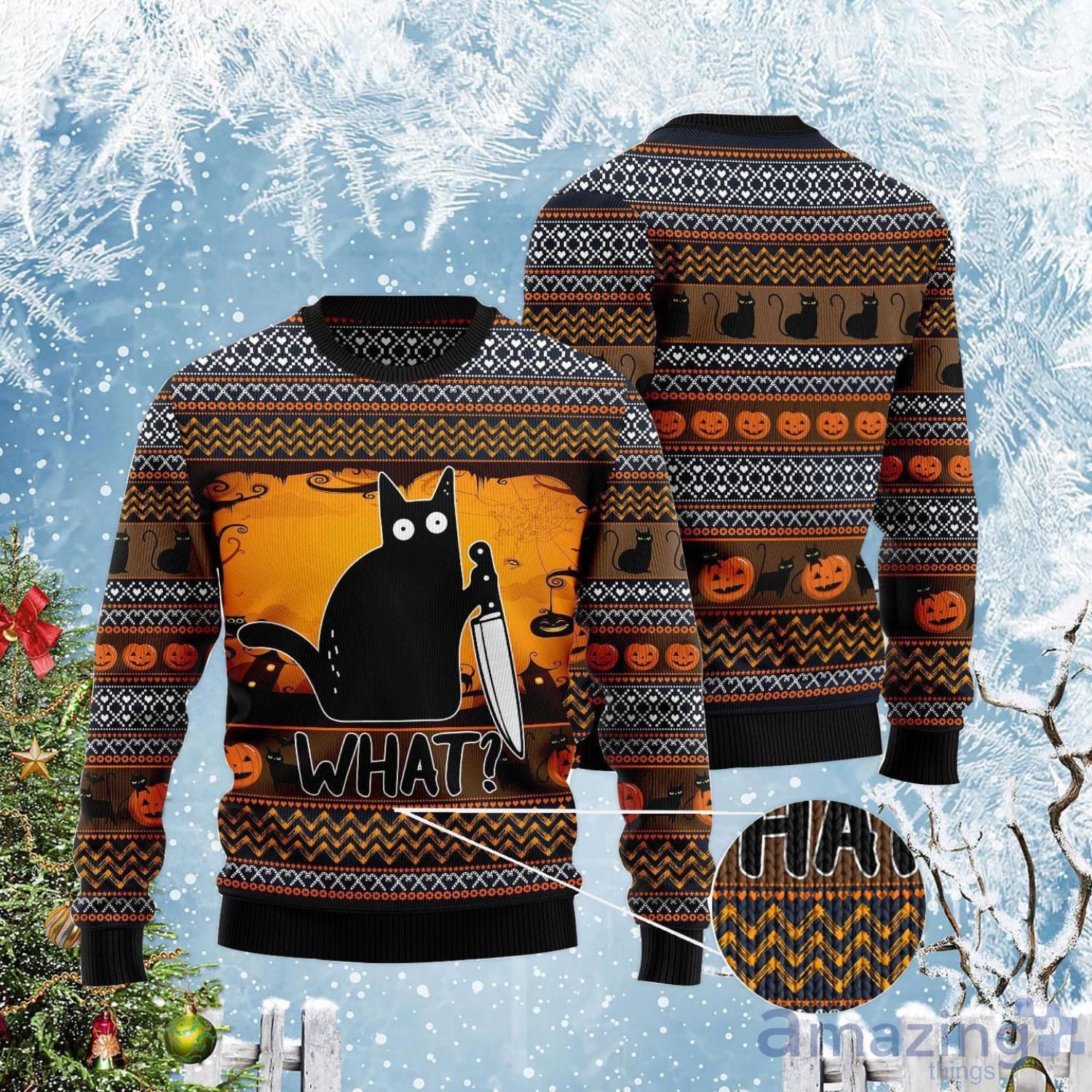 Black Cat What Funny Halloween Pumpkin Ugly Sweater image Black Cat What Funny Halloween Pumpkin Ugly Sweater Product Photo 2