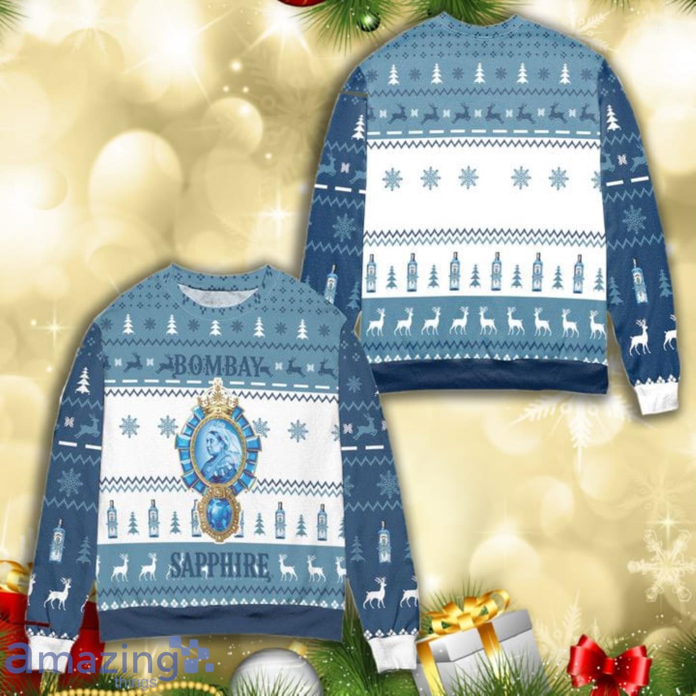 Bombay Sapphire Whisky Pine Tree All Over Print 3D Ugly Christmas Sweater Product Photo 1