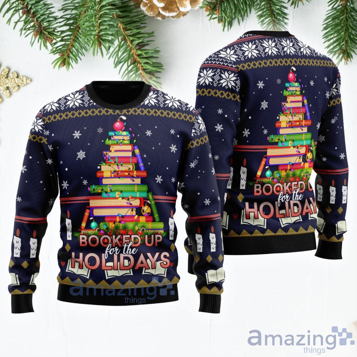 Booked Up For The Holidays Christmas Tree Ugly Christmas Sweater Product Photo 1