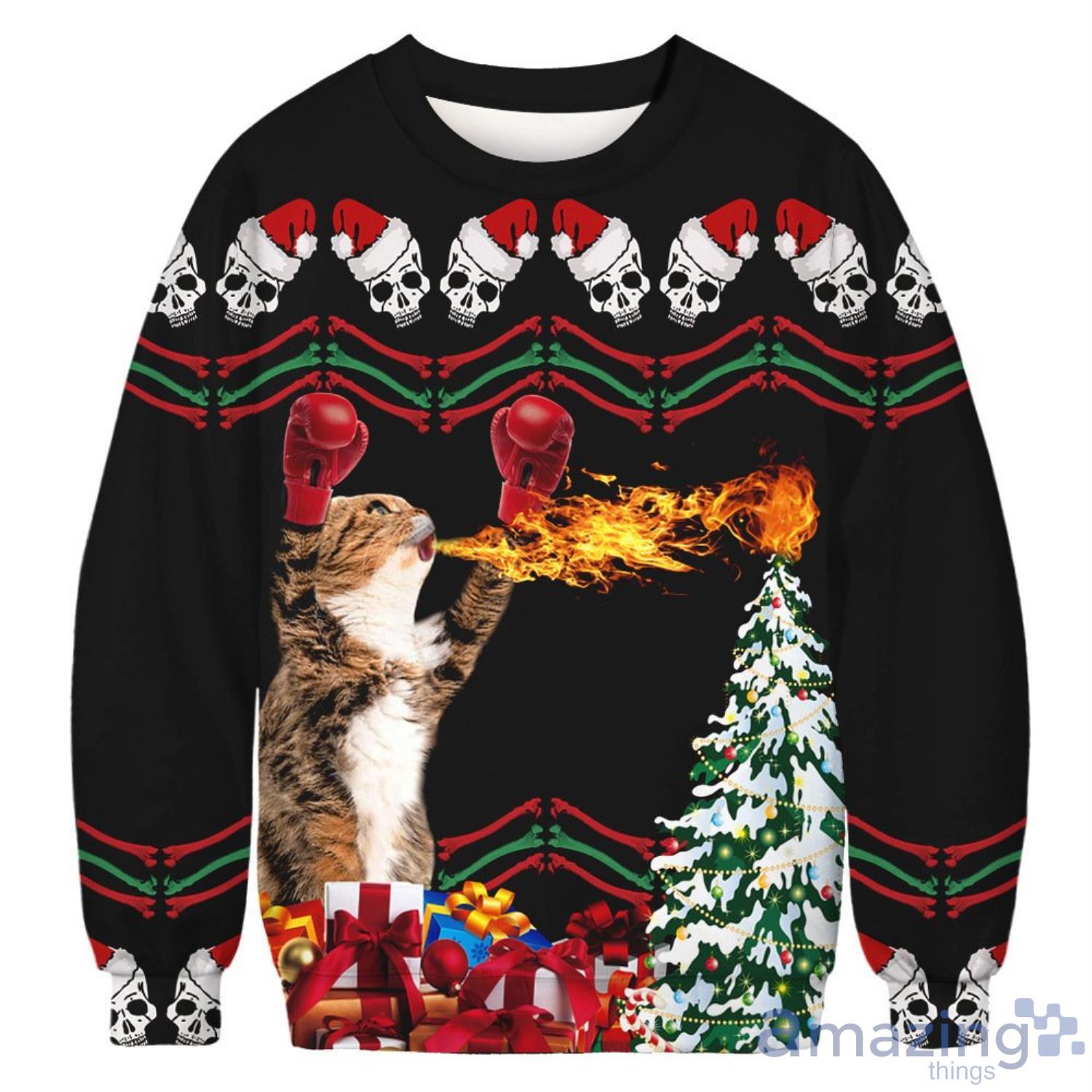 Boxing Cat And Fire Ugly Christmas Sweater Product Photo 1