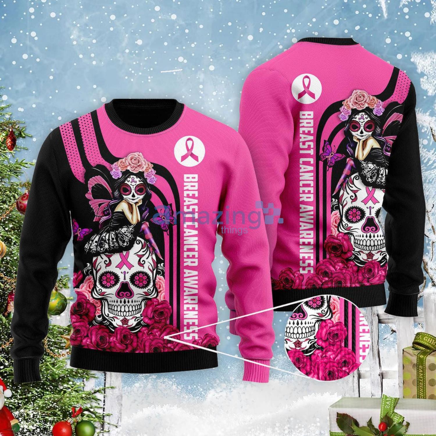 Breast Cancer Awareness Skull Girl Christmas Gift Ugly Christmas Sweater Product Photo 1