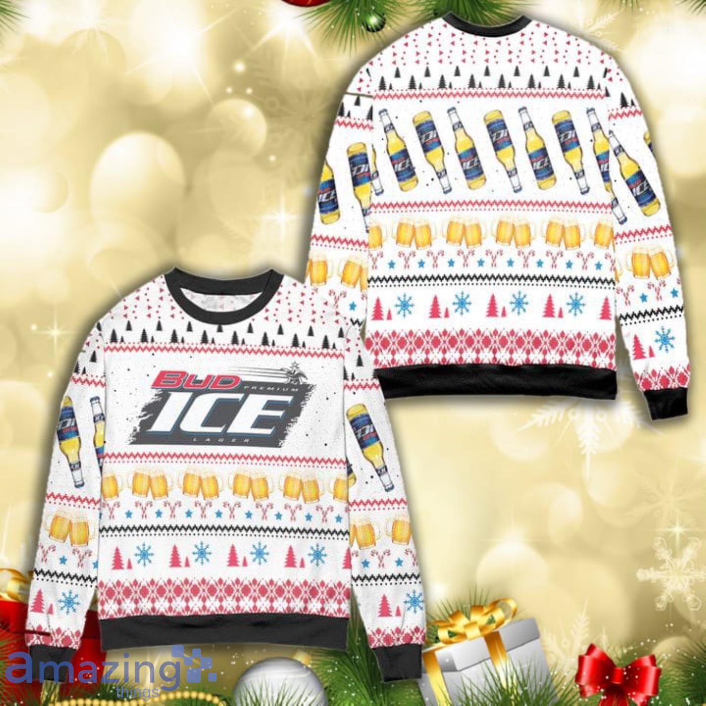 Bud Ice Snowflake And Pine Tree Pattern All Over Print 3D Ugly Christmas Sweater Product Photo 1