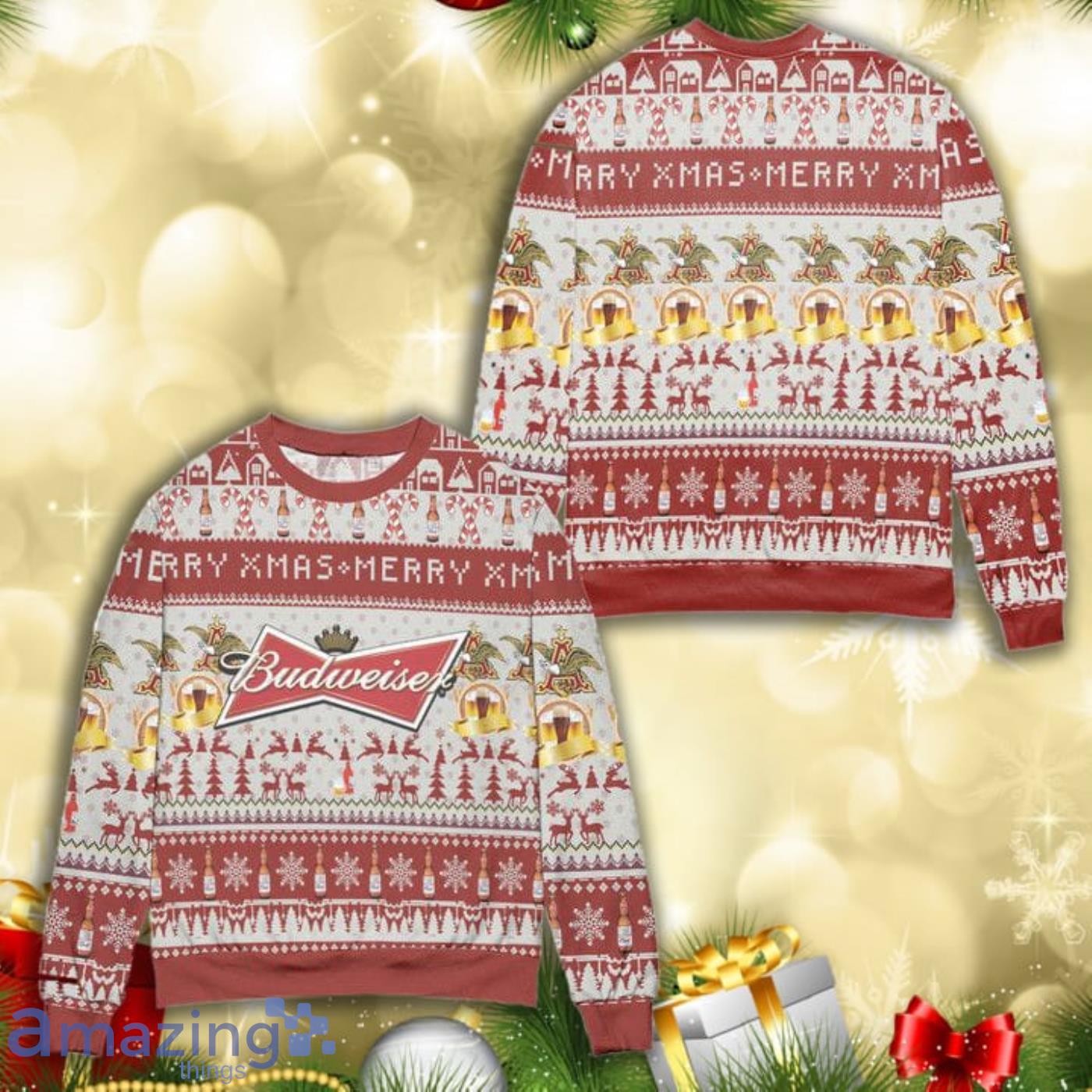 Budweiser Merry Xmas Reindeer Snowflake Pattern All Over Print 3D Ugly Christmas Sweater Product Photo 1