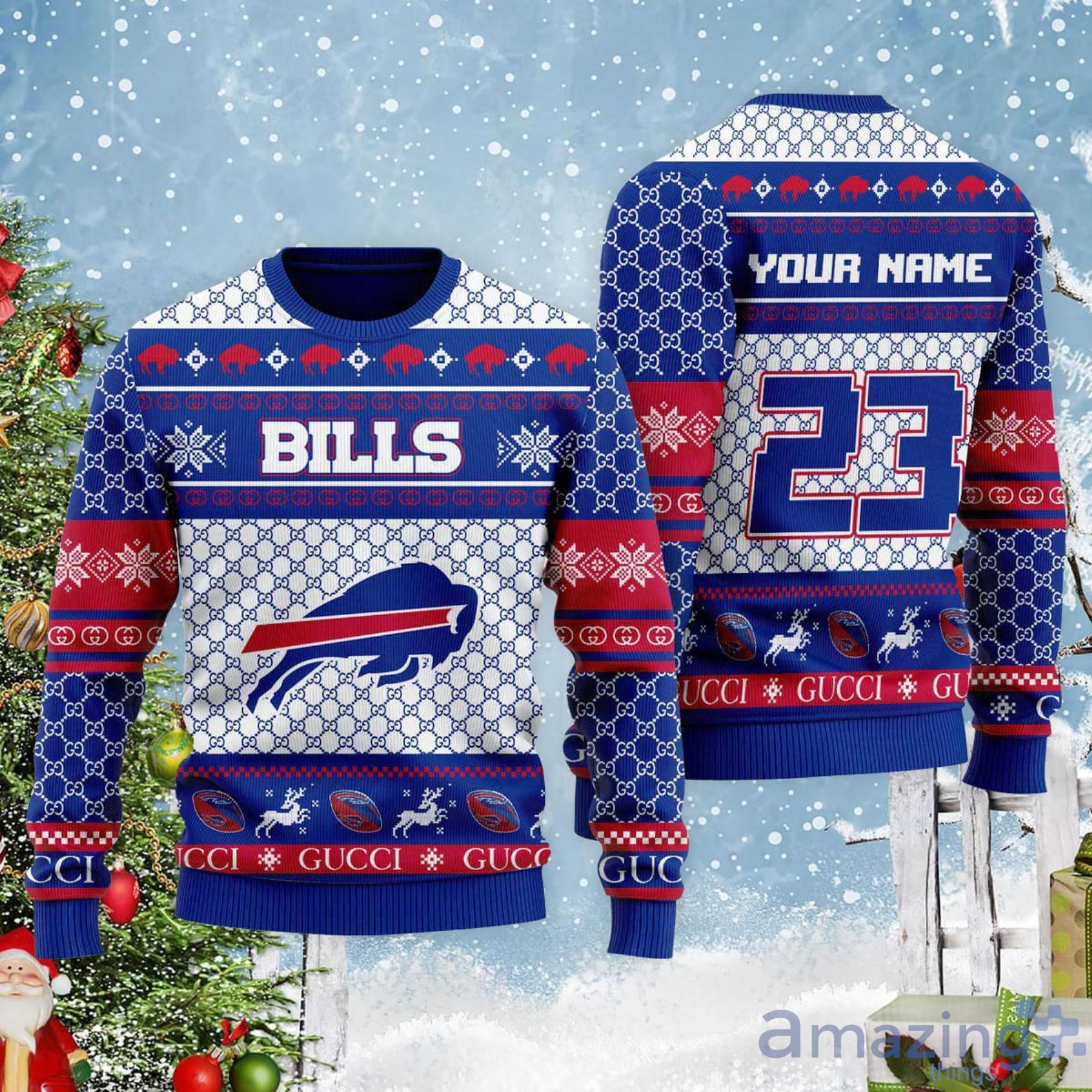 Buffalo Bills Custom Name And Number Ugly Christmas Sweater Product Photo 1 Buffalo Bills Custom Name And Number Ugly Christmas Sweater Product Photo 1
