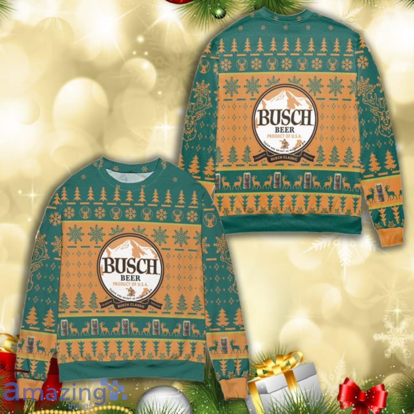 Busch Beer Product Of Usa Pine Tree Snowflake Pattern All Over Print 3D Ugly Christmas Sweater Product Photo 1