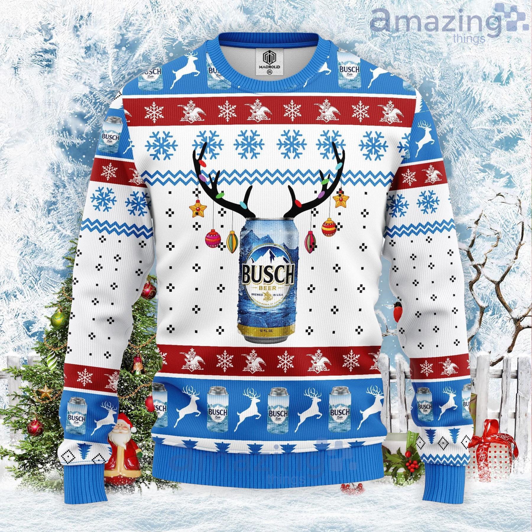 Busch Beer Reindeer Blue White Ugly Christmas Sweater Product Photo 1