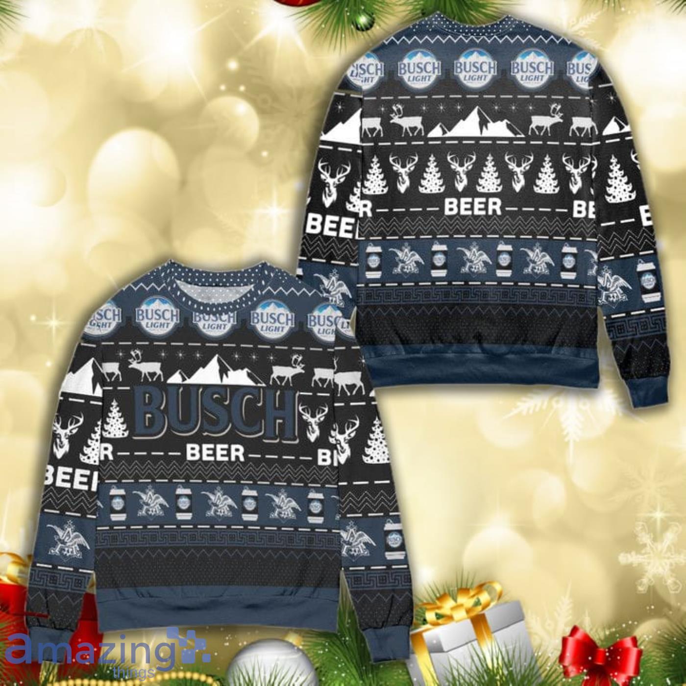 Busch Beer Reindeer Pattern All Over Print 3D Ugly Christmas Sweater Product Photo 1