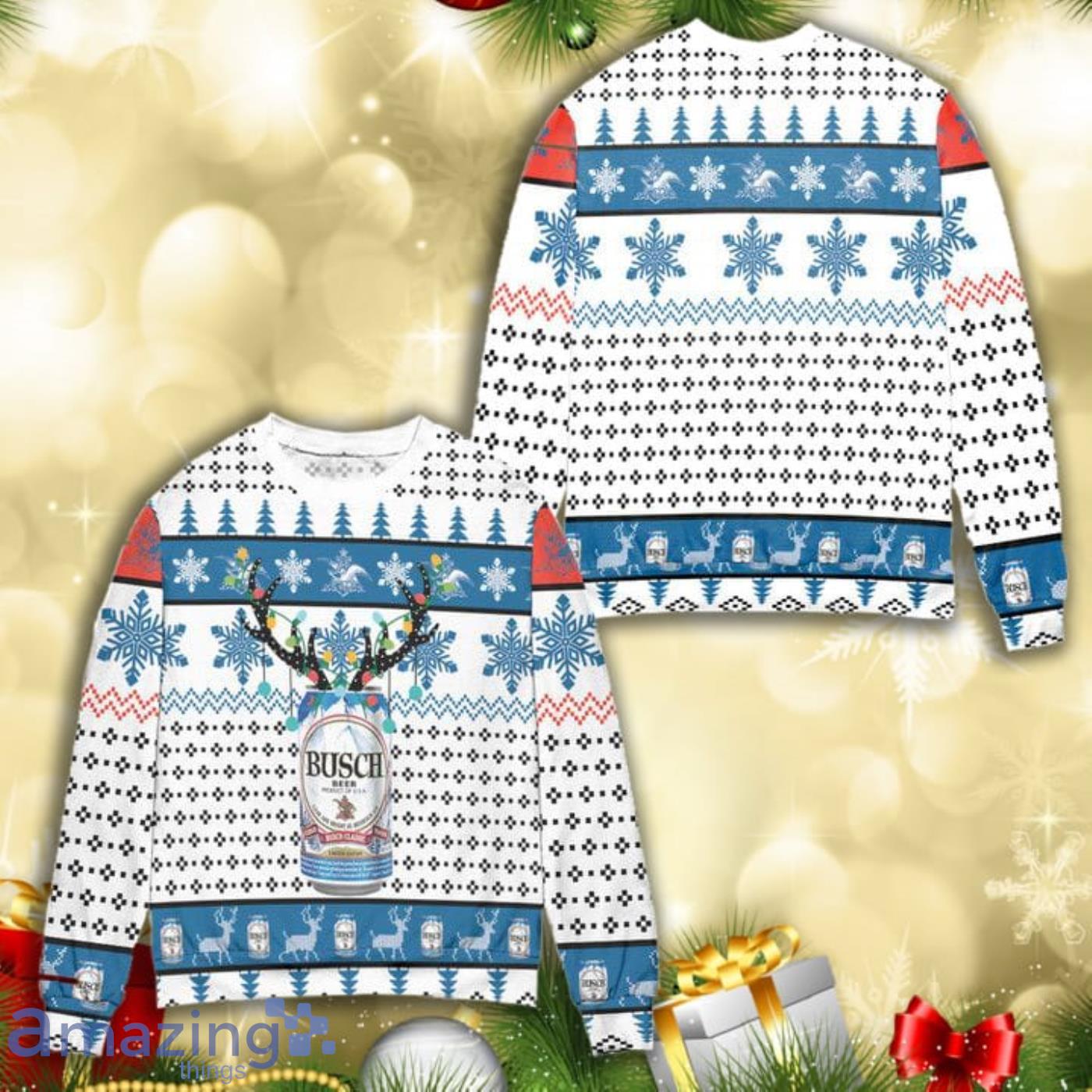 Busch Beer Reindeer Snowflake Pattern All Over Print 3D Ugly Christmas Sweater Product Photo 1