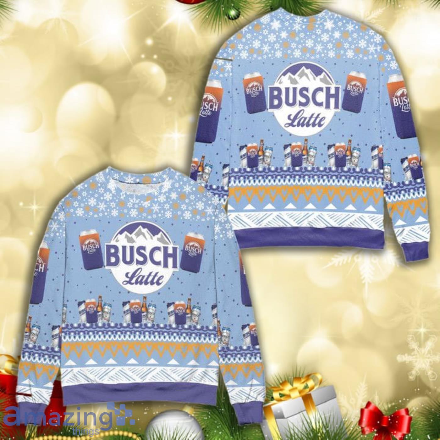 Busch Latte Logo Snowflake Pattern All Over Print 3D Ugly Christmas Sweater Product Photo 1