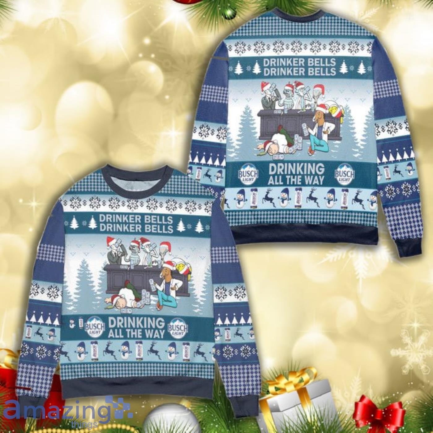 Busch Light Drinker Bell Drinker Bell All Over Print 3D Ugly Christmas Sweater Product Photo 1