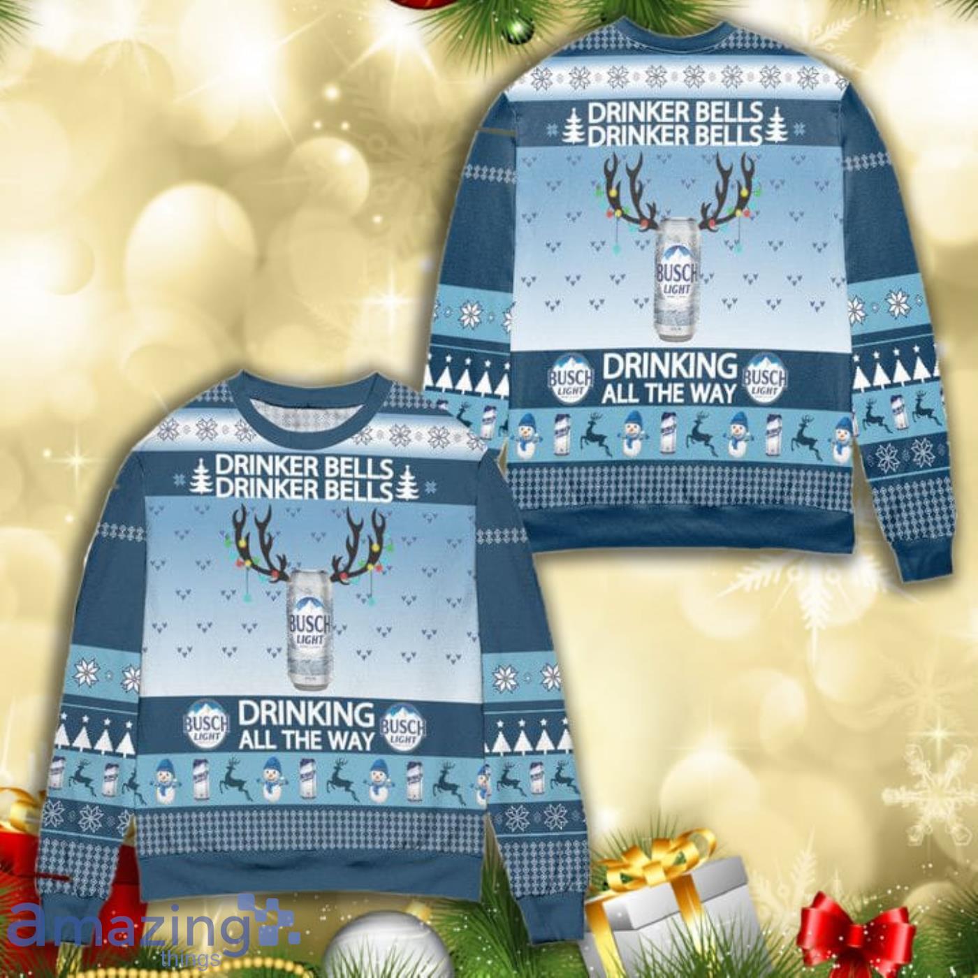 Busch Light Drinker Bells Drinking All The Way All Over Print 3D Ugly Christmas Sweater Product Photo 1
