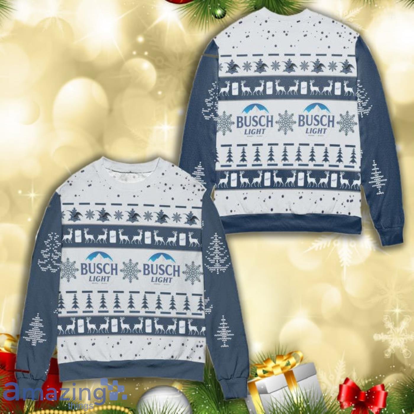 Busch Light Reindeer Pine Tree Pattern All Over Print 3D Ugly Christmas Sweater Product Photo 1