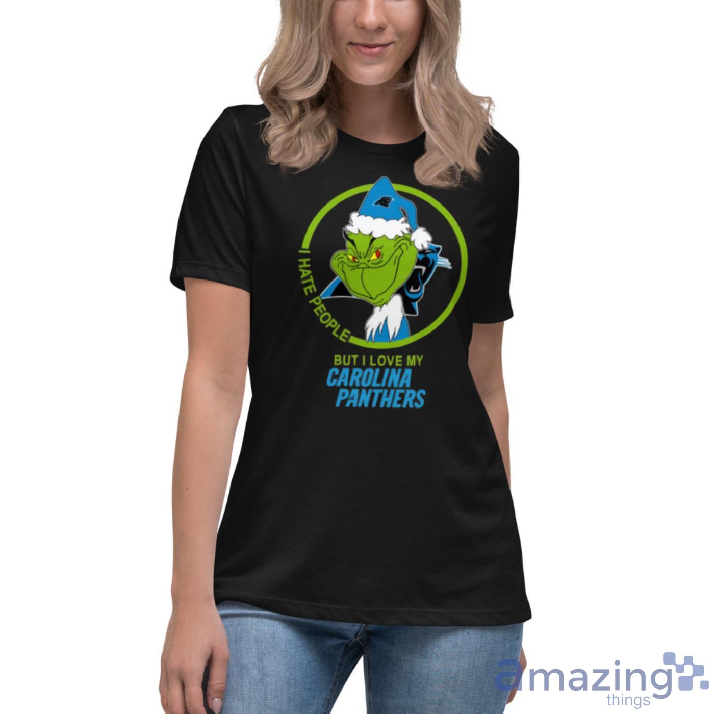 Carolina Panthers NFL Christmas Grinch I Hate People But I Love My Favorite Football Team Shirt image Carolina Panthers NFL Christmas Grinch I Hate People But I Love My Favorite Football Team Shirt - Womens Relaxed Short Sleeve Jersey Tee