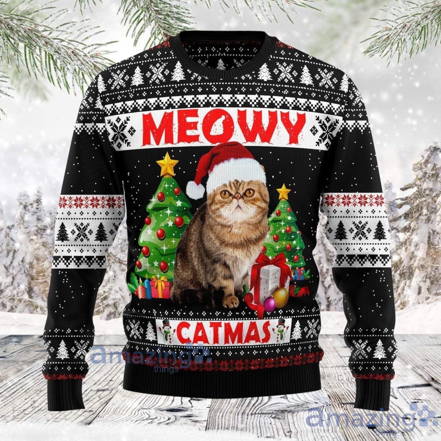 Cat Santa And Christmas Gift Meowy Christmas Ugly Christmas Sweater Product Photo 1