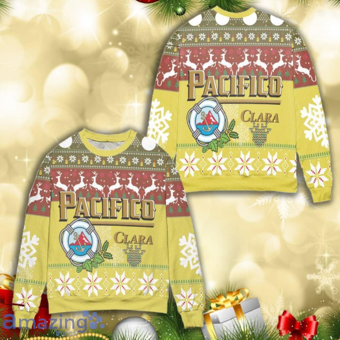 Cerveza Pacifico Clara Snowflake Reindeer Pattern All Over Print 3D Ugly Christmas Sweater Product Photo 1