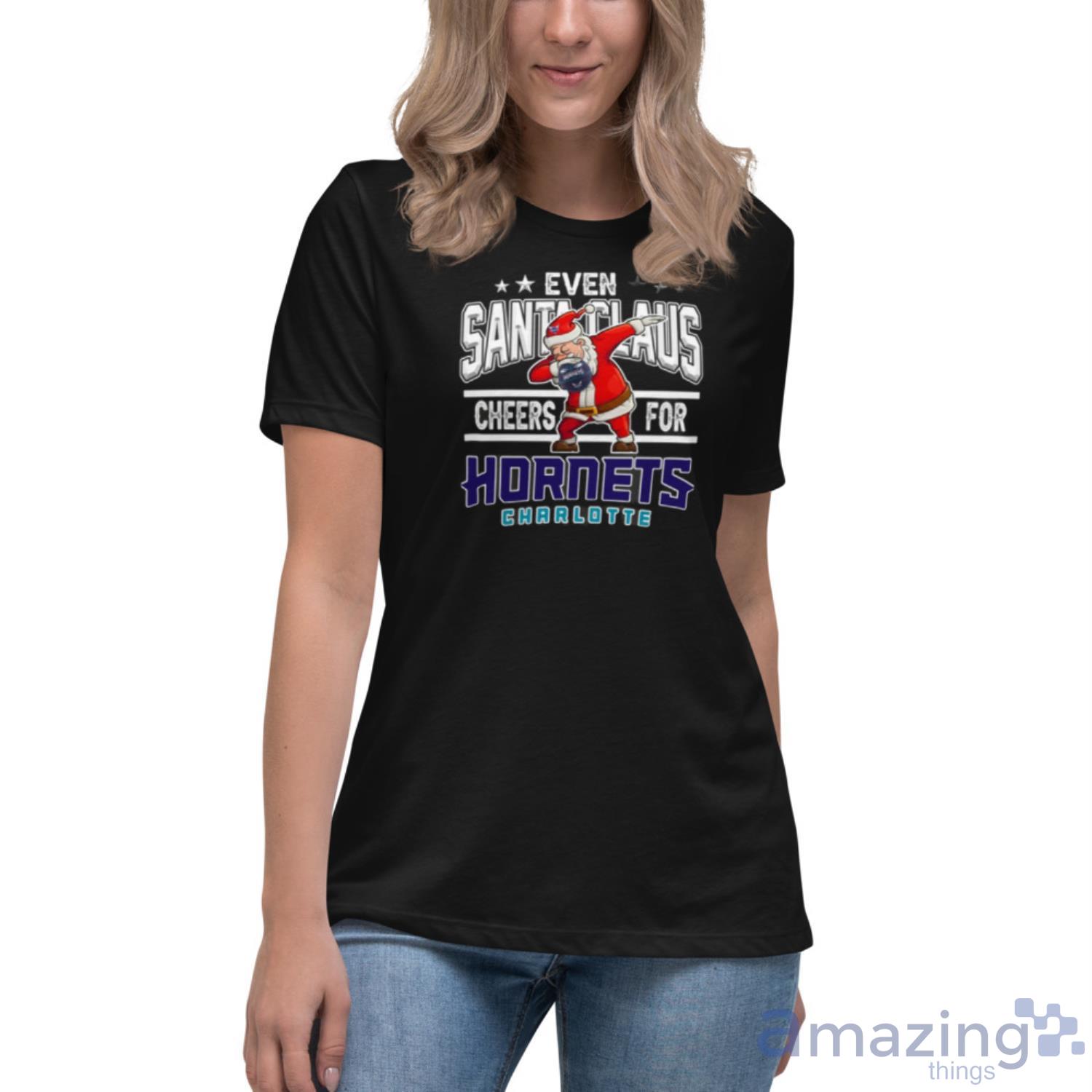 Charlotte Hornets Even Santa Claus Cheers For Christmas NBA Shirt For Fans image Charlotte Hornets Even Santa Claus Cheers For Christmas NBA Shirt For Fans - Womens Relaxed Short Sleeve Jersey Tee