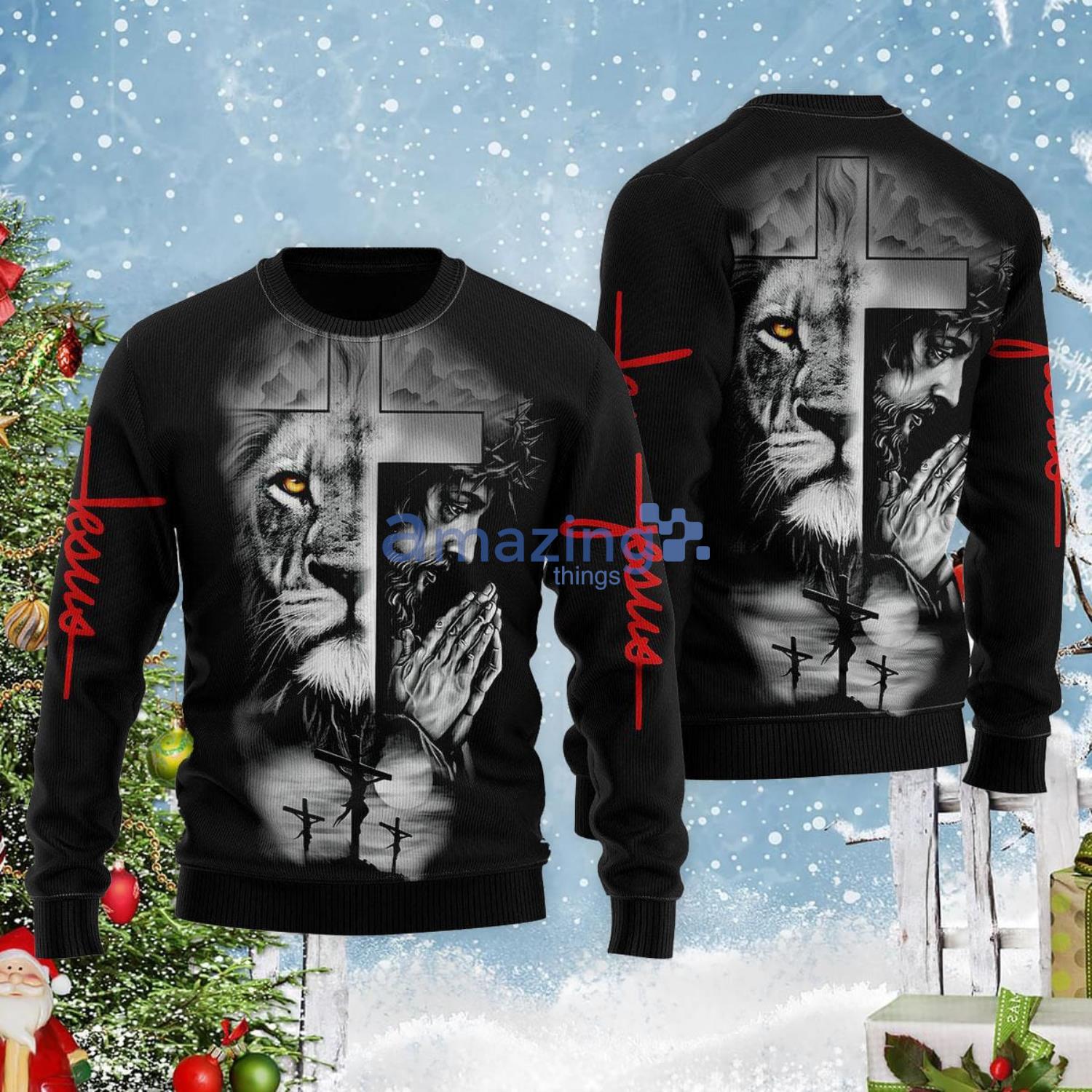 Christian Jesus Easter Jesus And Lion Ugly Christmas Sweater Product Photo 1 Christian Jesus Easter Jesus And Lion Ugly Christmas Sweater Product Photo 1