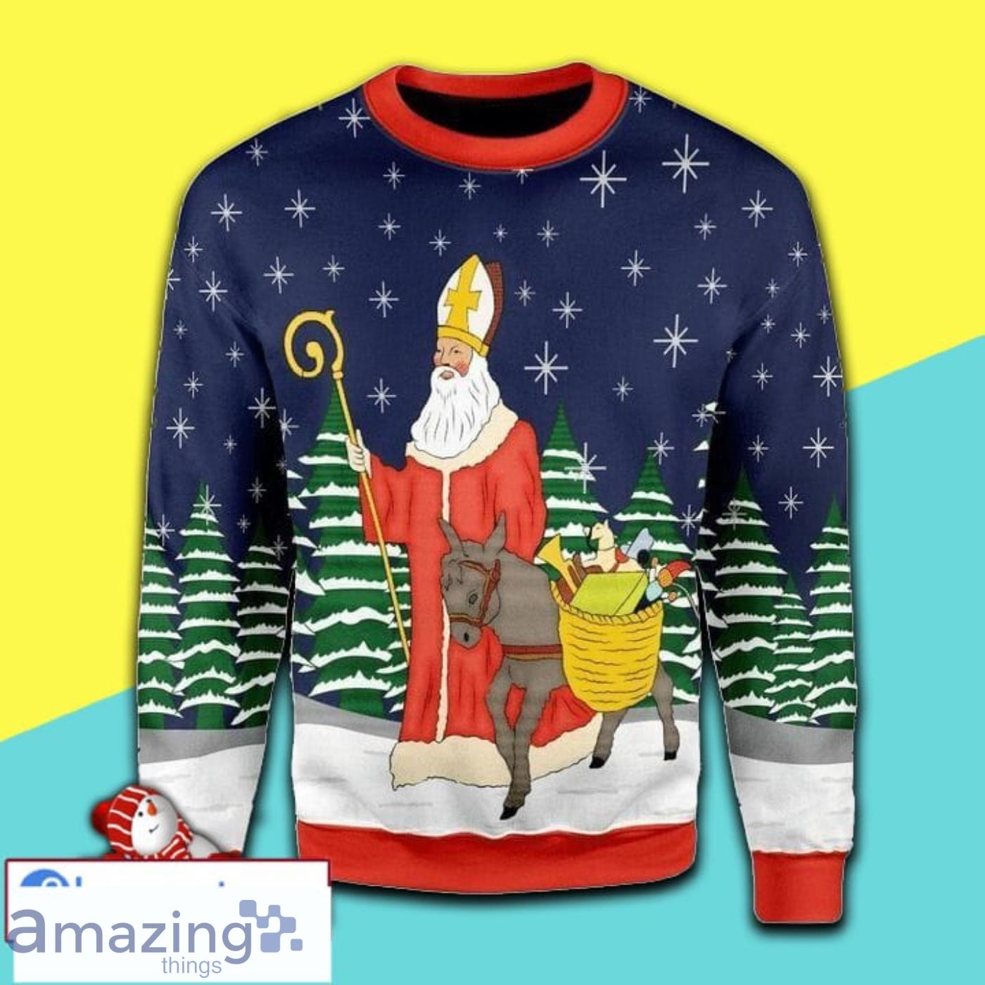 Christmas Patterns And Saint Nicholas Take A Horse All Over Print Ugly Christmas Sweater Product Photo 1
