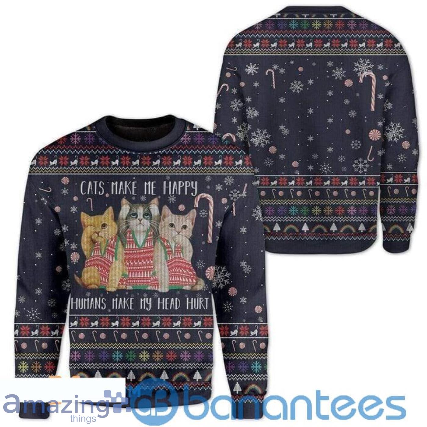 Christmas Patterns With Lovely Cats Make Me Happy Full Print Ugly Christmas Sweater Product Photo 1