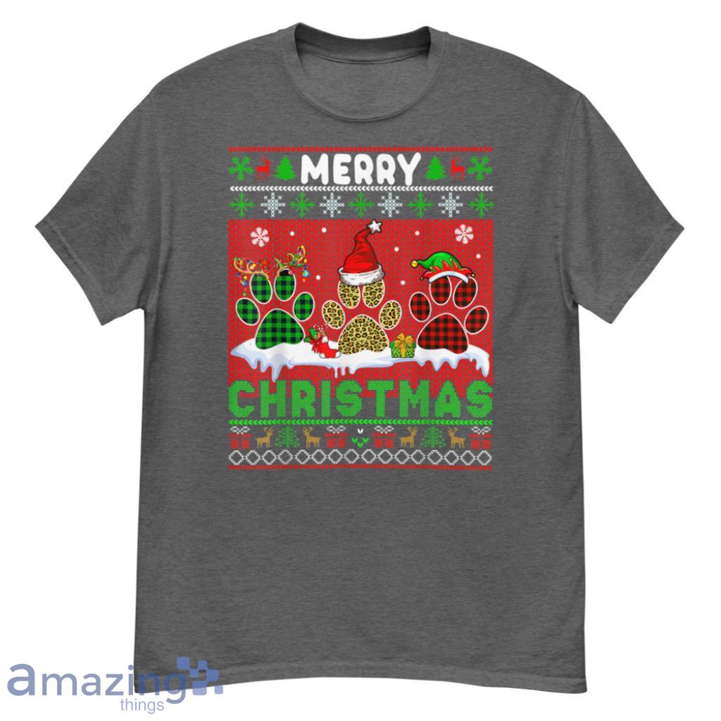 Christmas Plaid Three Santa Reindeer Elf Dog Paws Christmas Shirt - G500 Men’s Classic T-Shirt-1