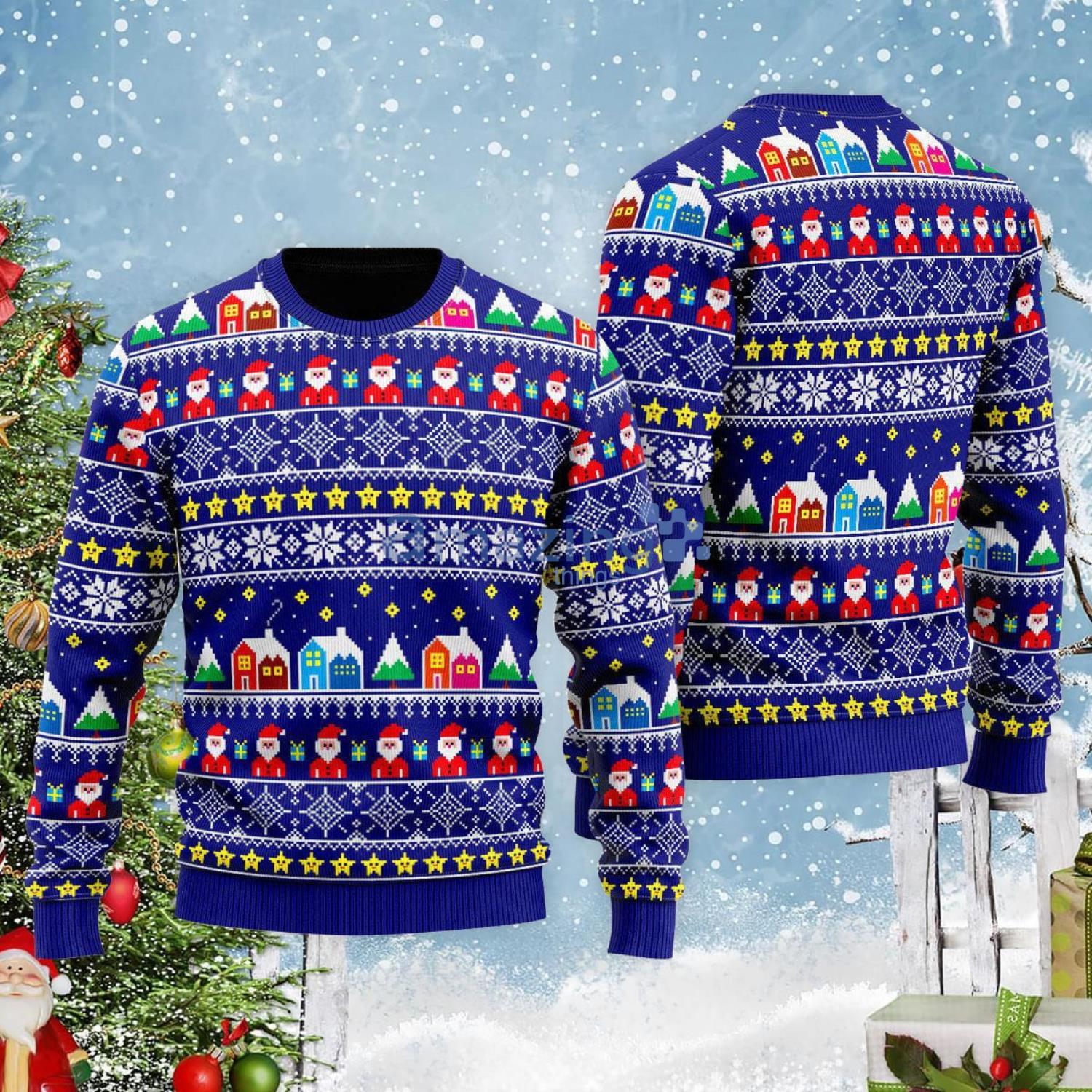 Christmas Santa And Houses Christmas Gift Ugly Christmas Sweater Product Photo 1