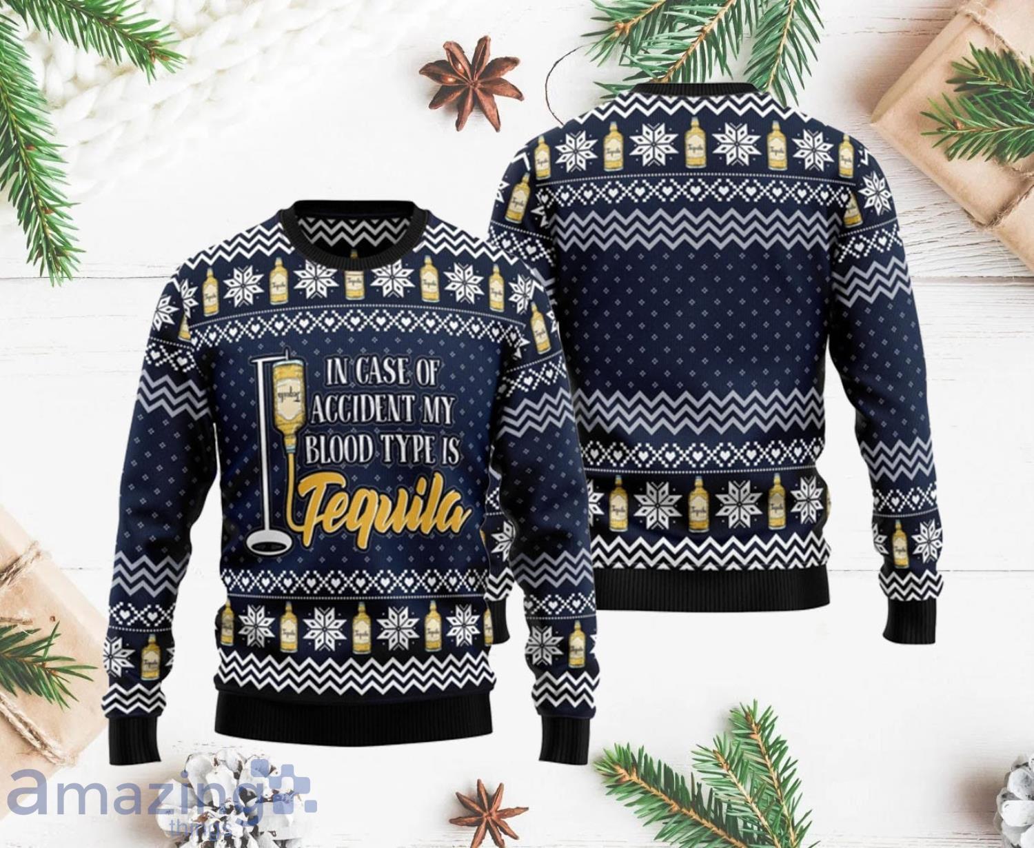 Christmas Tequila My Blood Type Ugly Christmas Sweater Product Photo 1