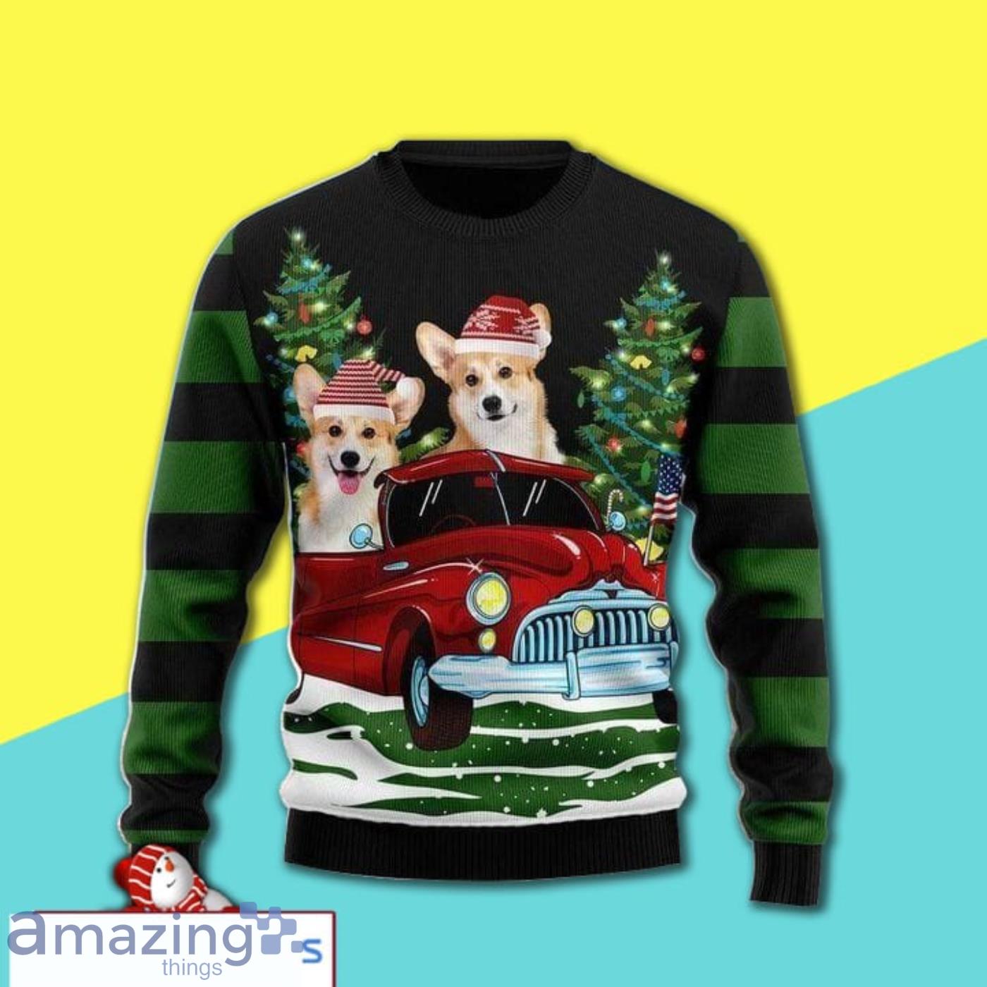 Christmas Tree And Lovely Corgi In The Red Car All Over Print Ugly Christmas Sweater Product Photo 1