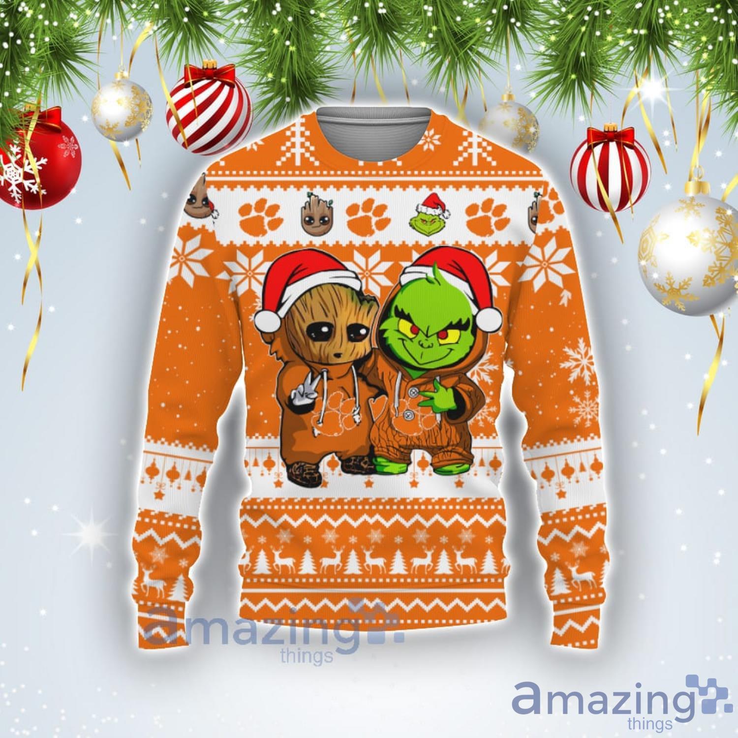 Clemson Tigers Baby Groot And Grinch Best Friends Football American Ugly Christmas Sweater Product Photo 1