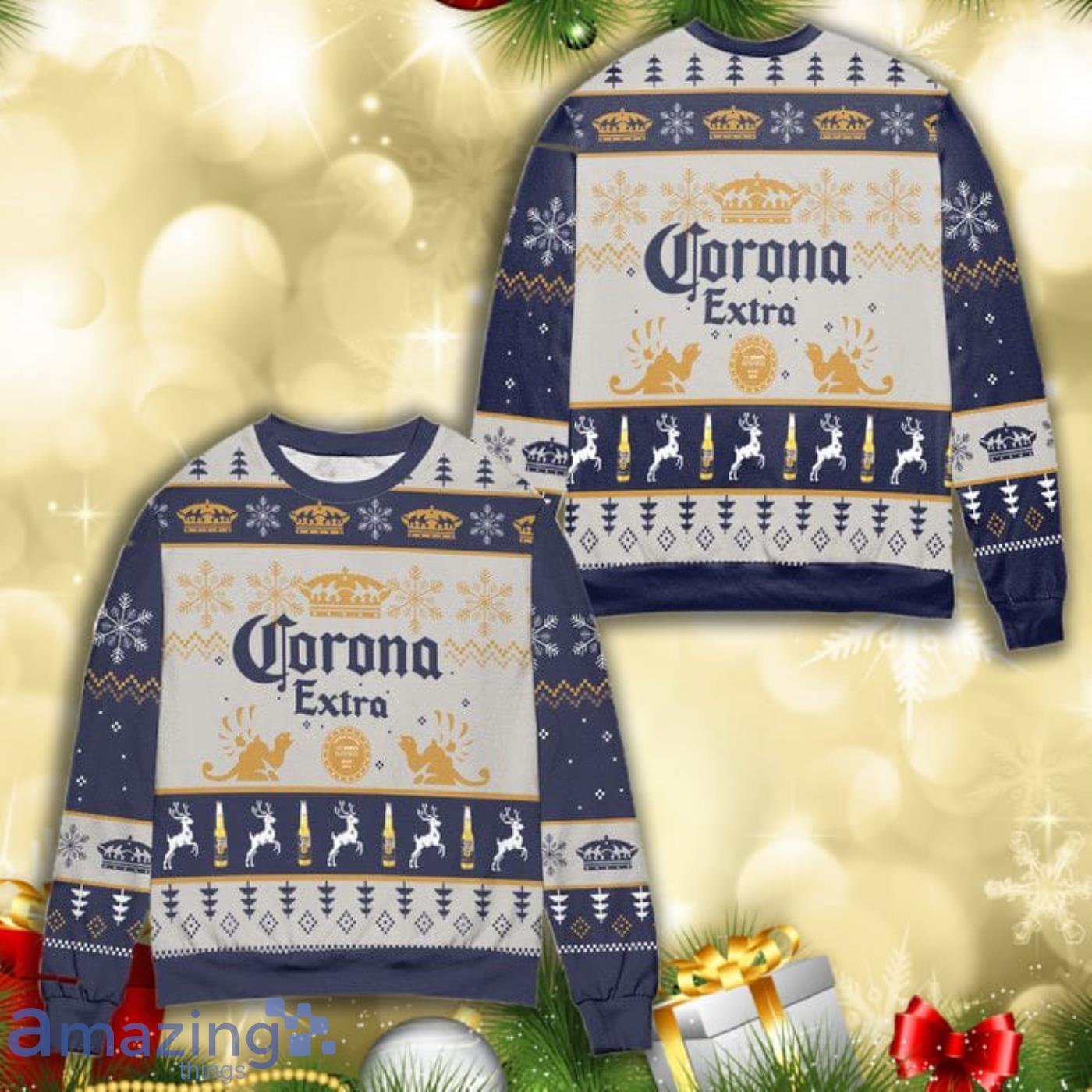 Corona Extra Snowflake Reindeer Pattern All Over Print 3D Ugly Christmas Sweater Product Photo 1