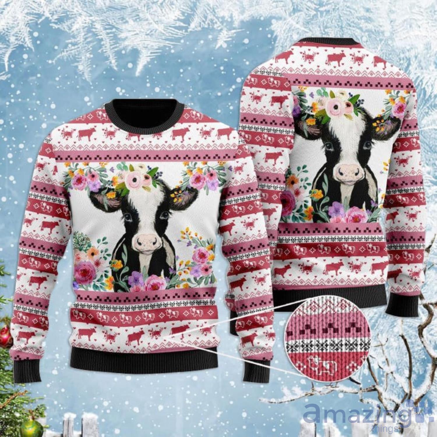 Cow For Christmas Cow And Flower Ugly Christmas Sweater Product Photo 1 Cow For Christmas Cow And Flower Ugly Christmas Sweater Product Photo 1
