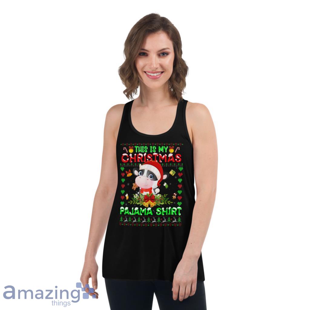 Cow This Is My Christmas Pajama Santa Hat T Shirt image Cow This Is My Christmas Pajama Santa Hat T-Shirt - Womens Flowy Racerback Tank