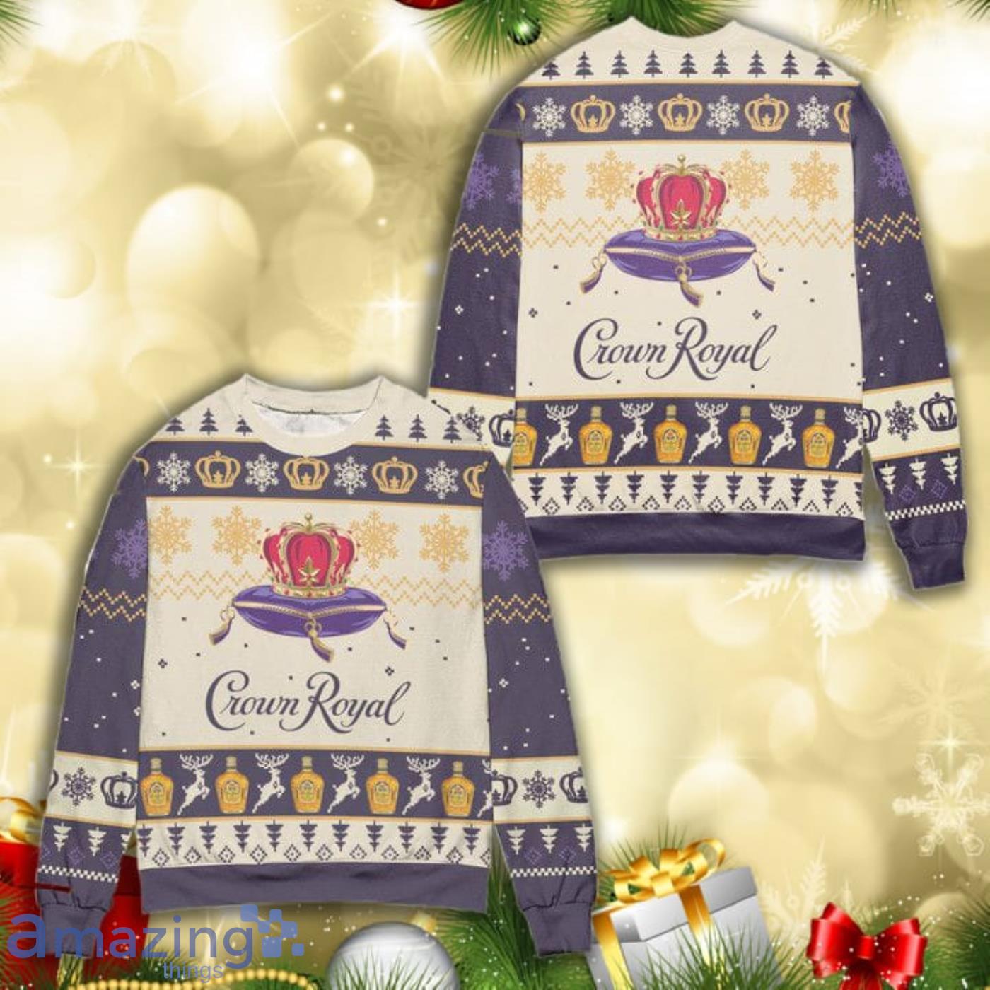 Crown Royal Reindeer Snowflake Pattern All Over Print 3D Ugly Christmas Sweater Product Photo 1