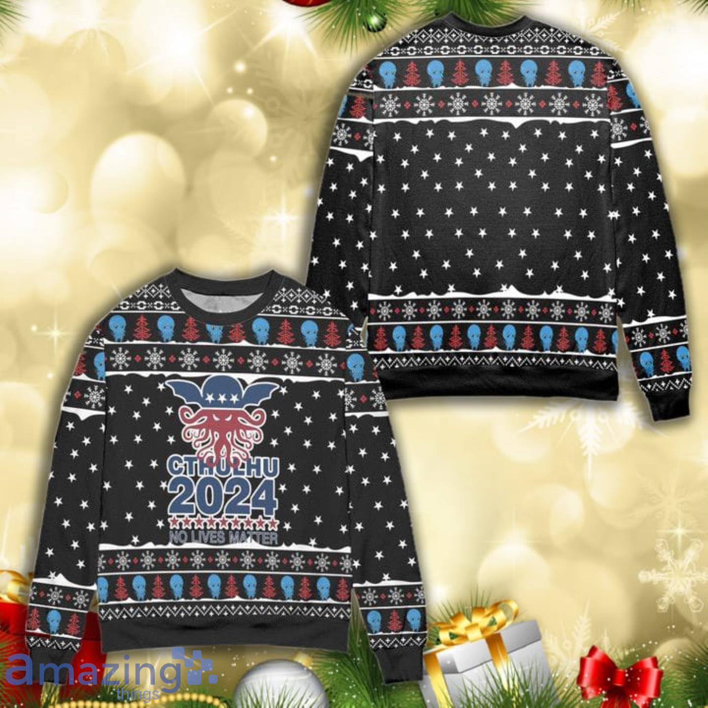 Cthulhu 2024 No Lives Matter Star Pattern All Over Print 3D Ugly Christmas Sweater Product Photo 1