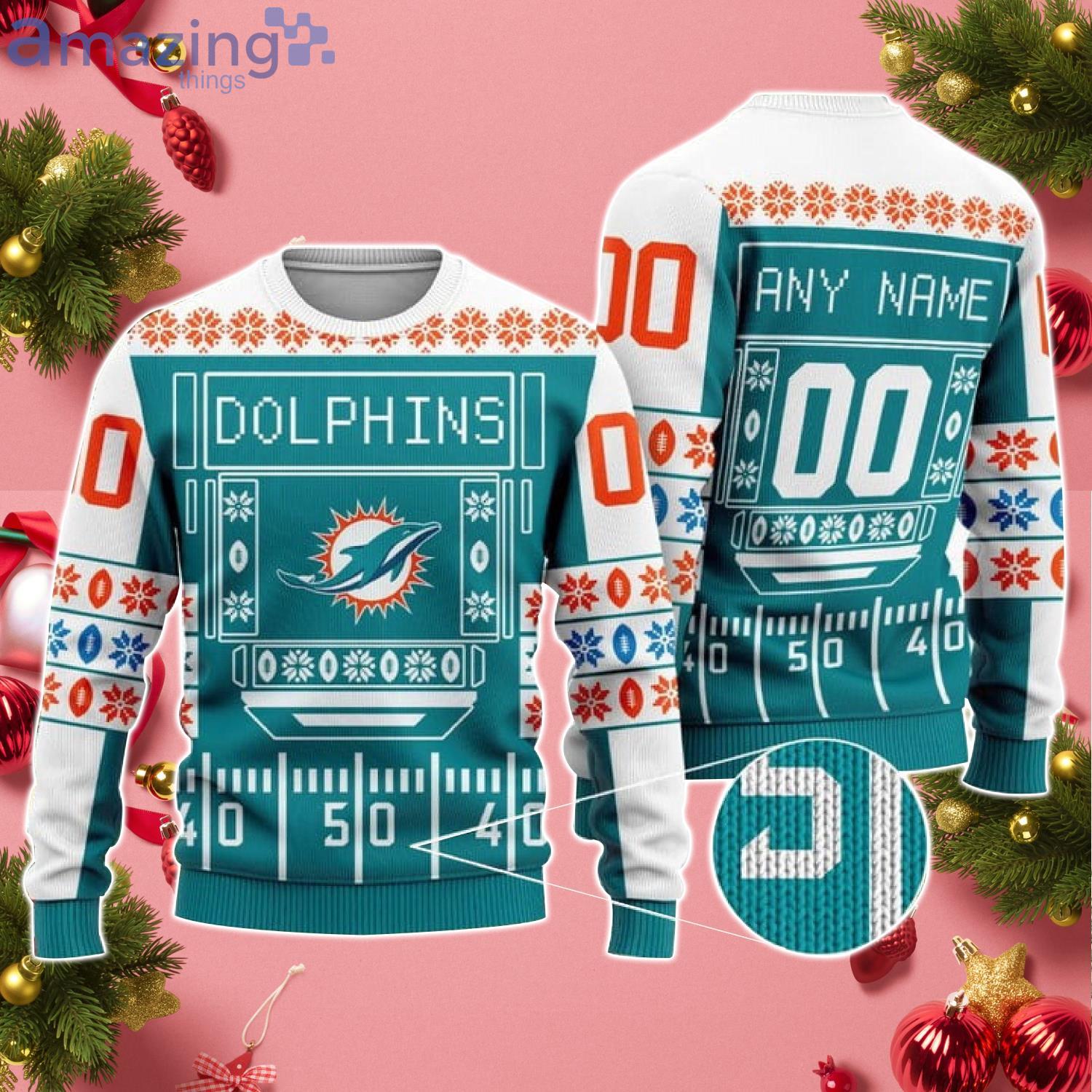 Custom Name And Number Dolphins NFL Ugly Christmas Sweater Product Photo 1