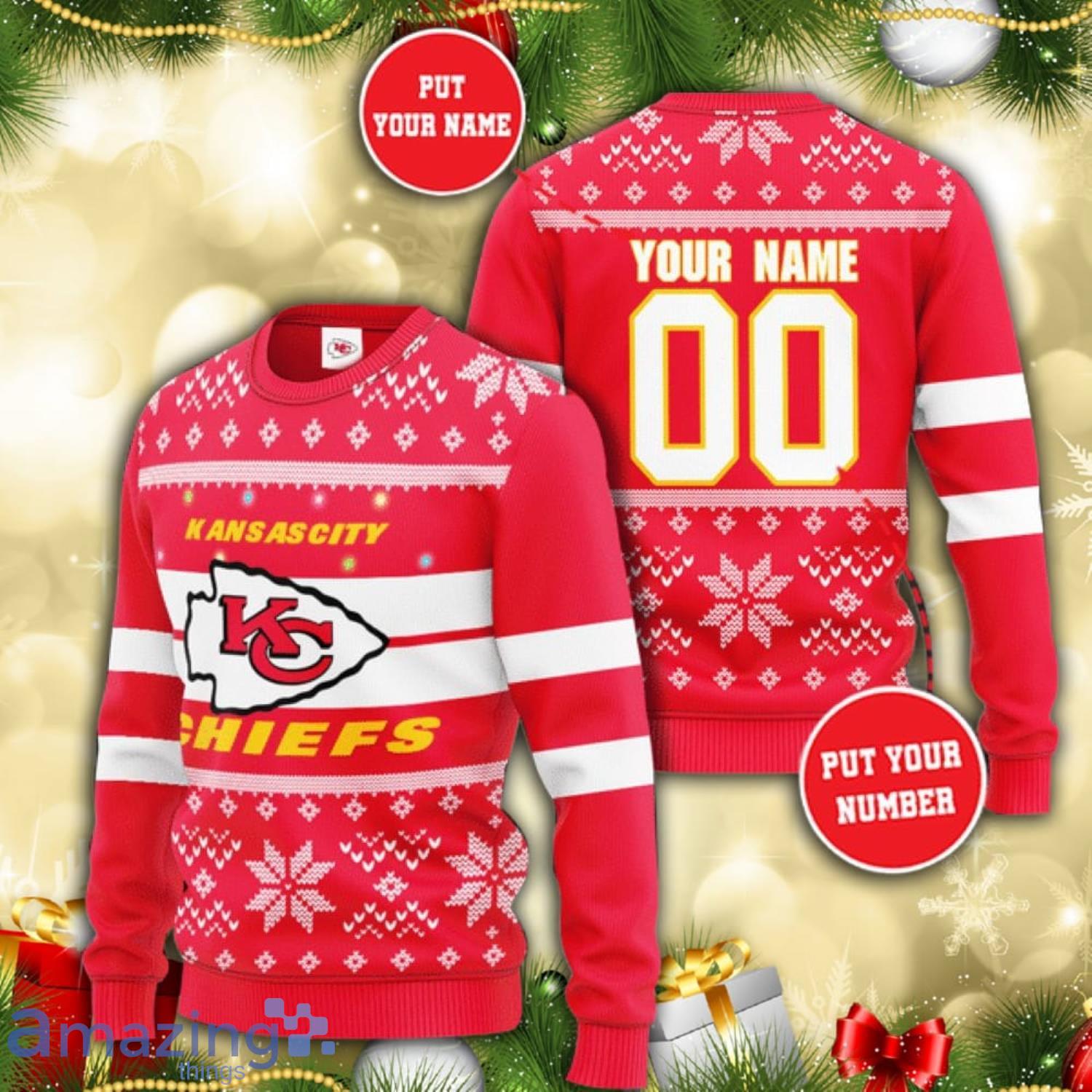 Custom Name And Number NFL Kansas City Chiefs Christmas Sweater Product Photo 1