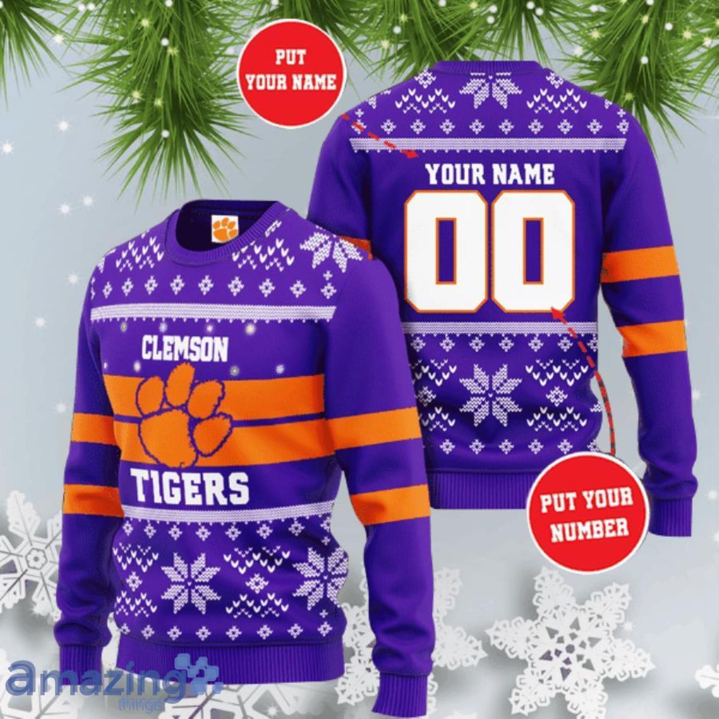 Custom Name & Number Clemson Tigers Football Christmas Sweater Product Photo 1
