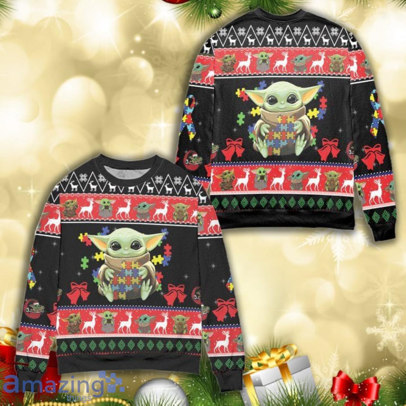 Cute Baby Yoda Playing Puzzles Star Wars All Over Print 3D Ugly Christmas Sweater Product Photo 1