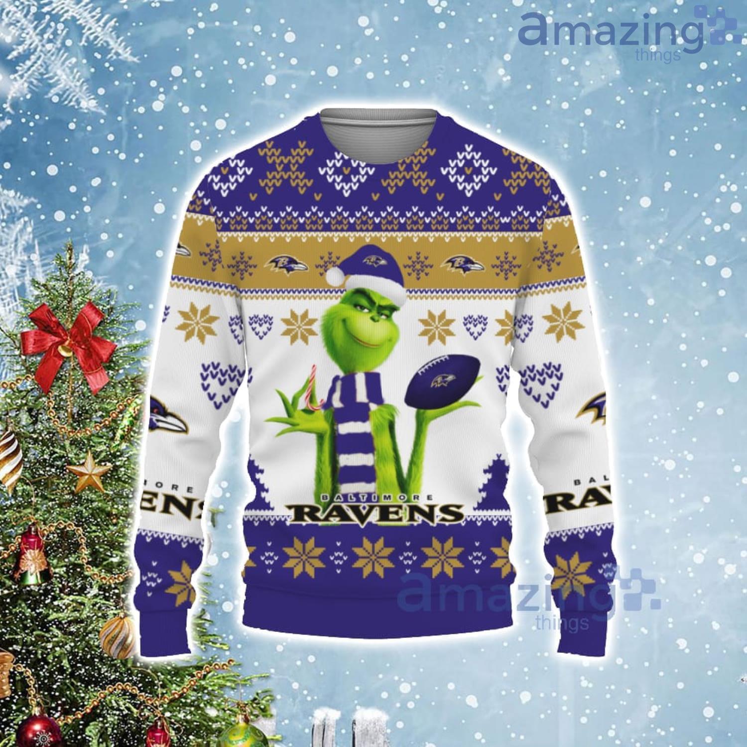 Christmas Gift NFL Baltimore Ravens Cute 12 Grinch Face Xmas Day Ugly  Christmas Sweater