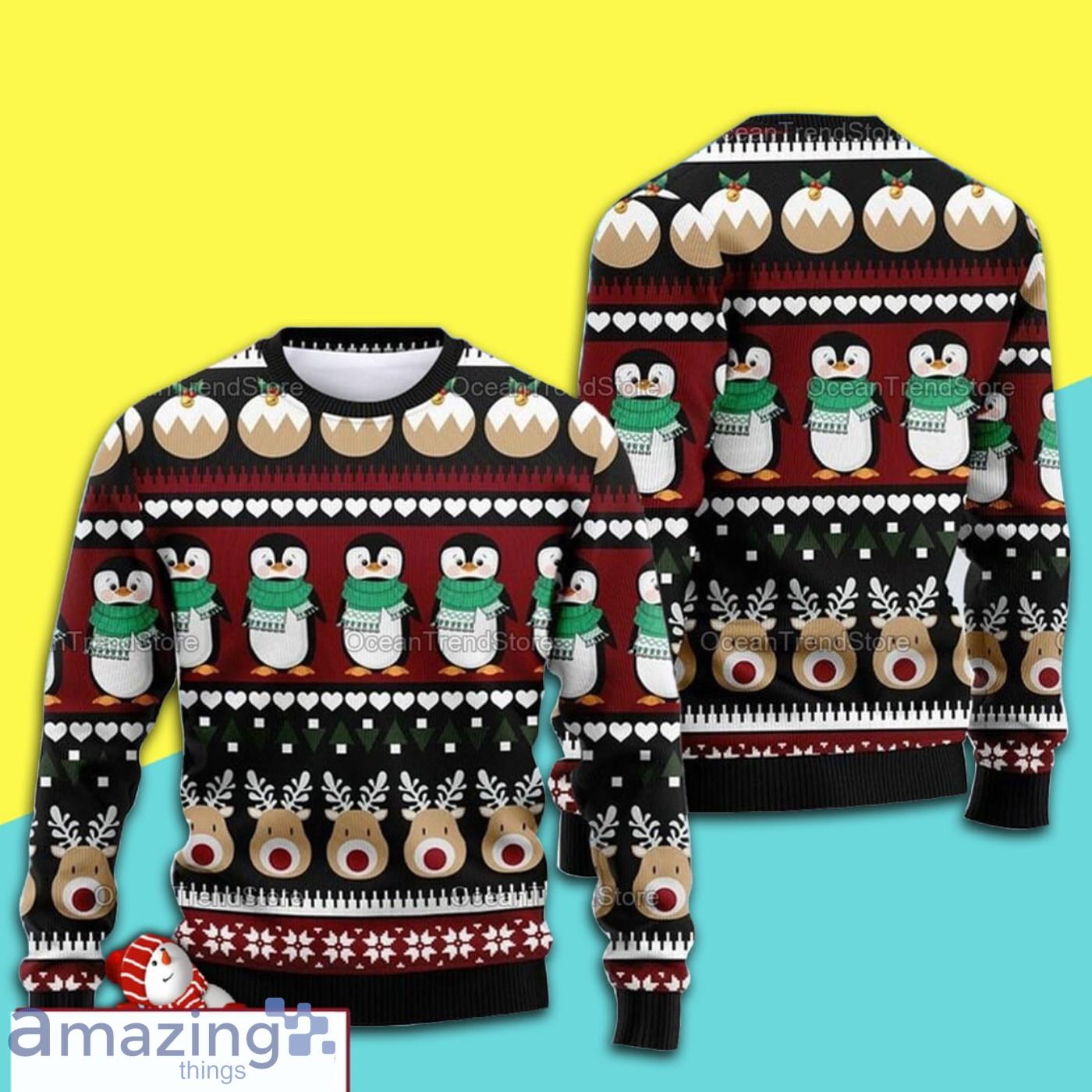 Cute Penguins And Deers Christmas Knitting Pattern Ugly Sweater Product Photo 1
